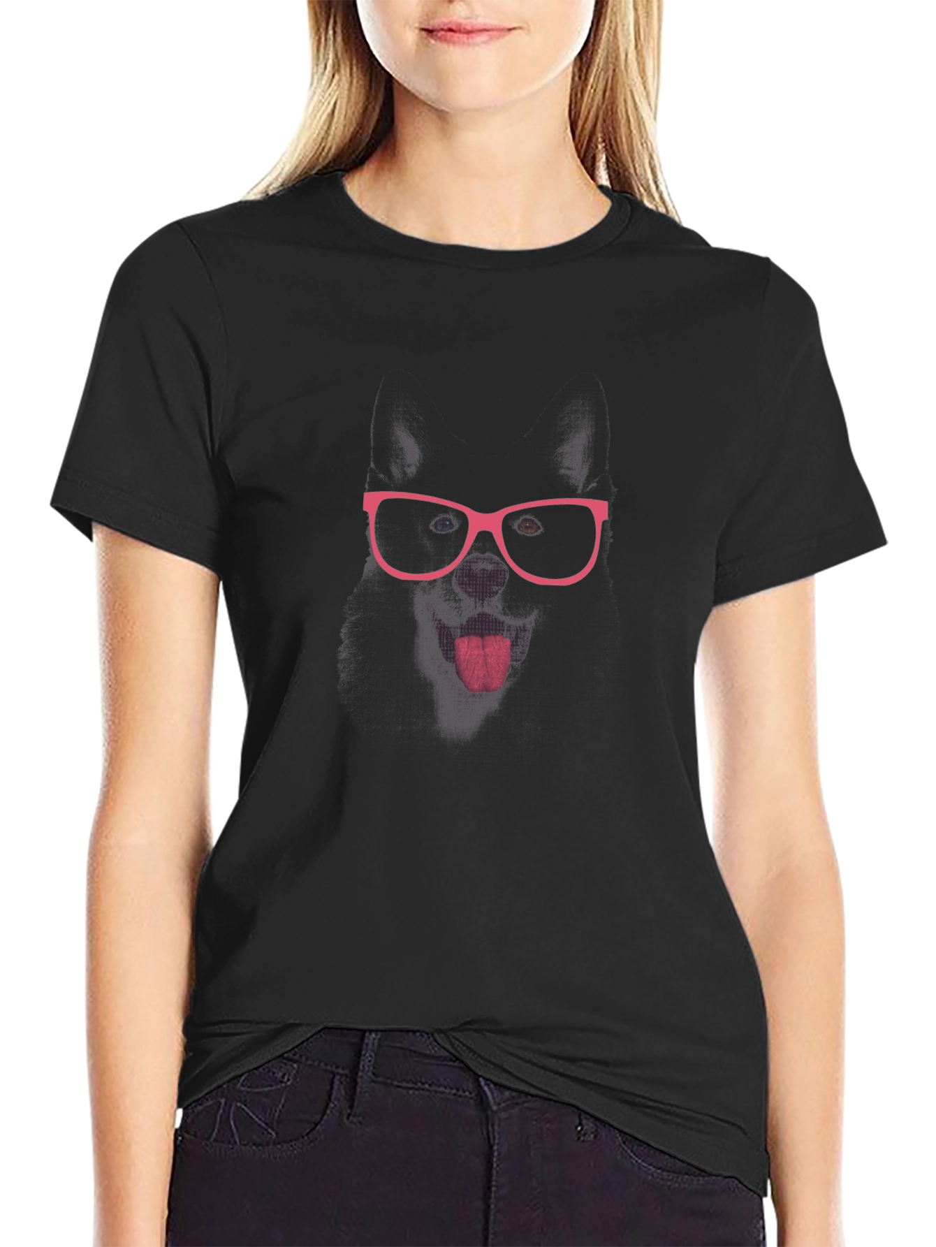 Black T-Shirt with Pink Glasses Face Print