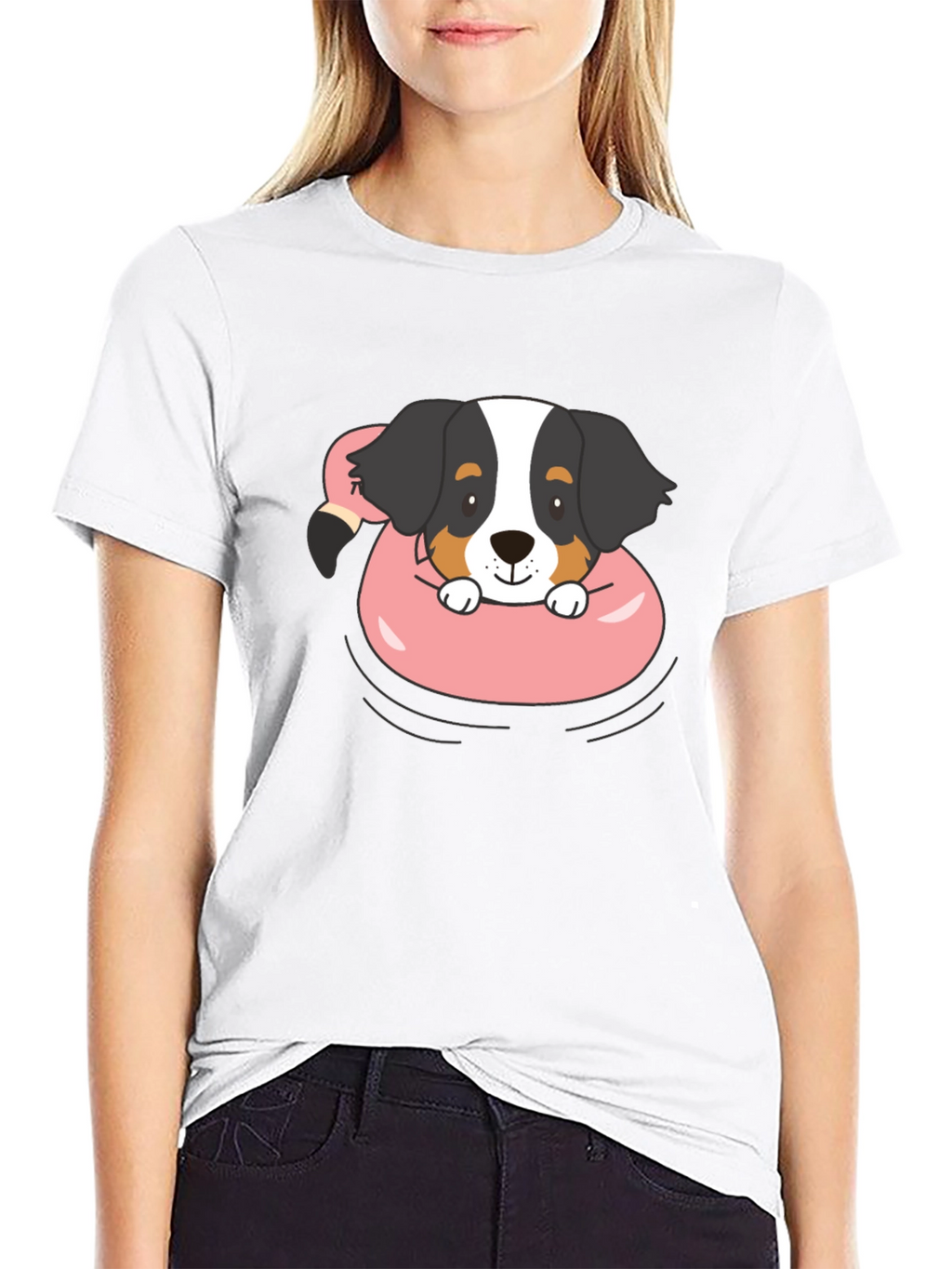 Dog in Flamingo Float Graphic T-Shirt
