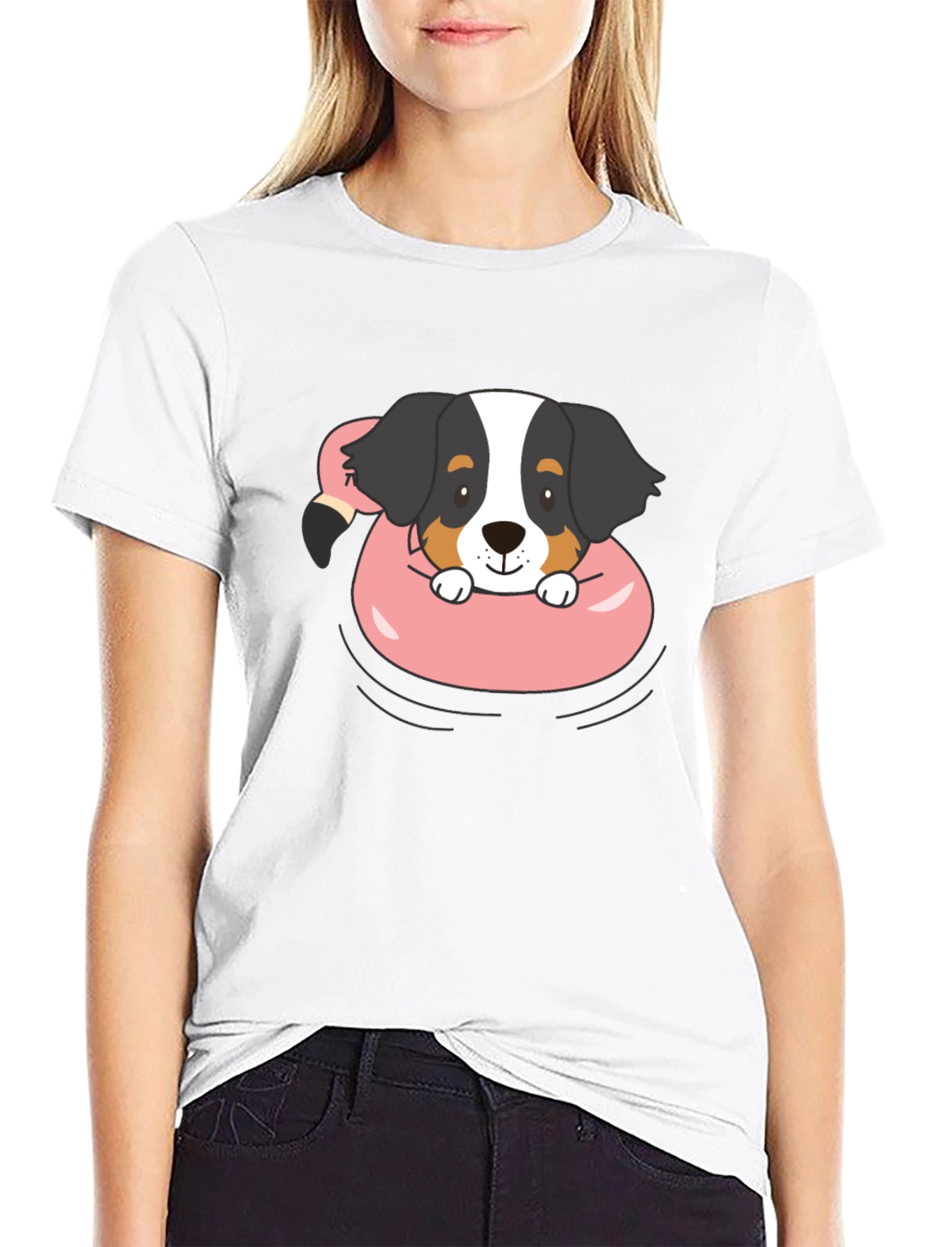 Dog in Flamingo Float Graphic T-Shirt