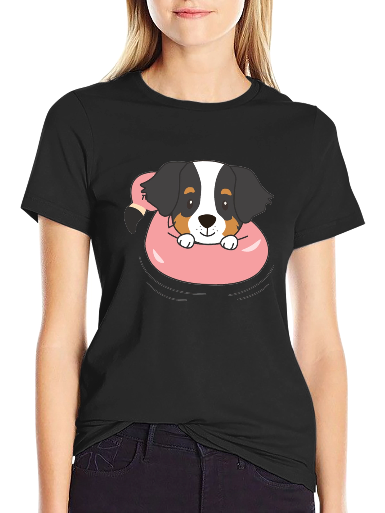 Dog in Flamingo Float Graphic T-Shirt