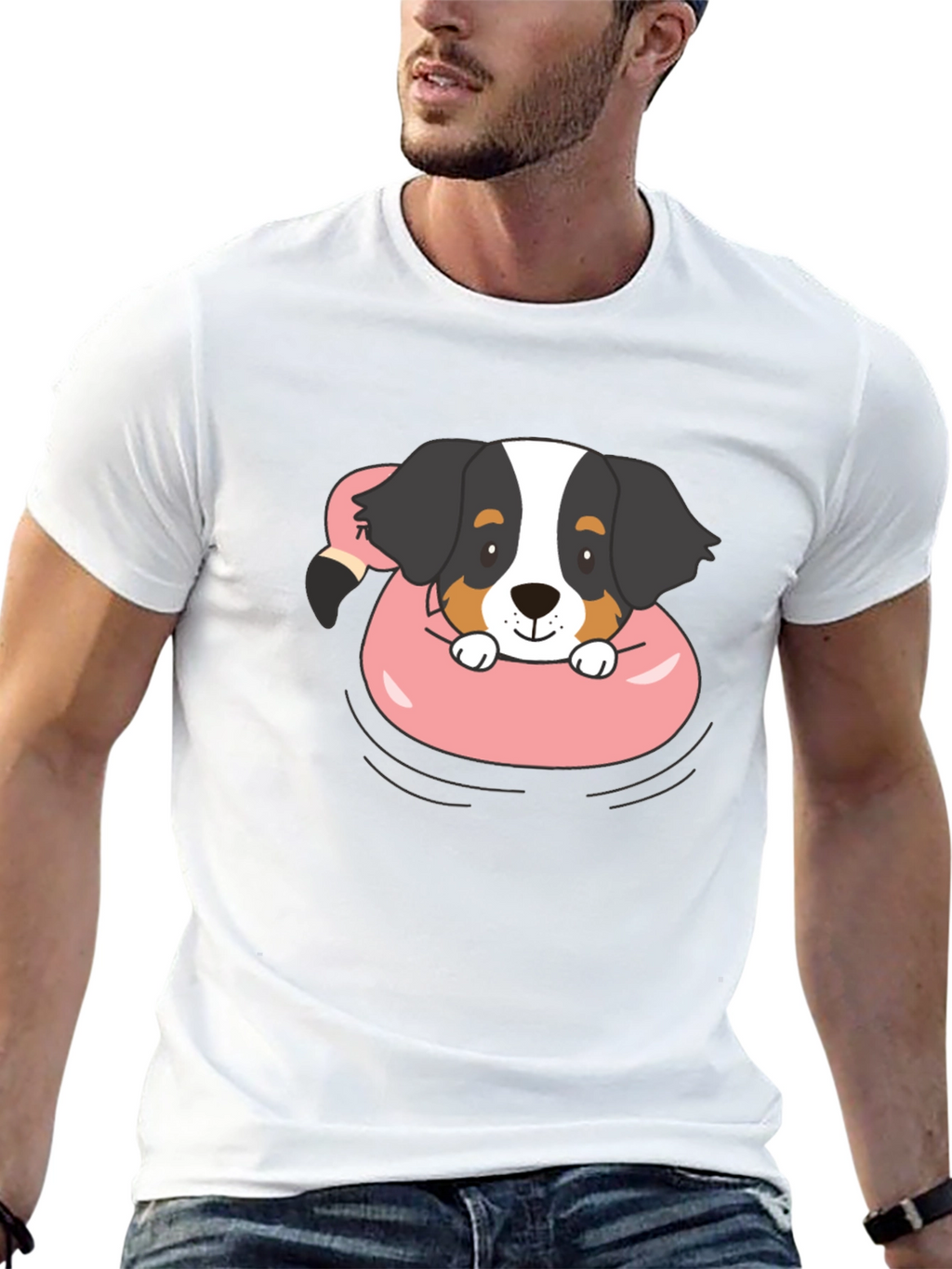 Dog in Flamingo Float Graphic T-Shirt