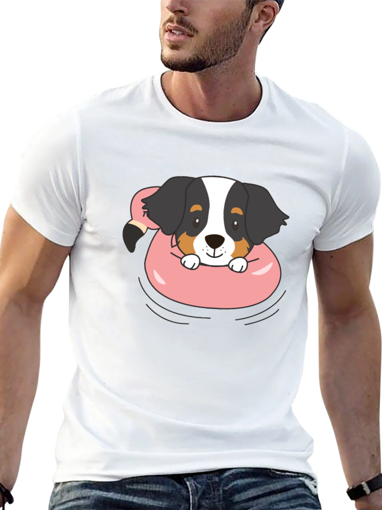 Dog in Flamingo Float Graphic T-Shirt