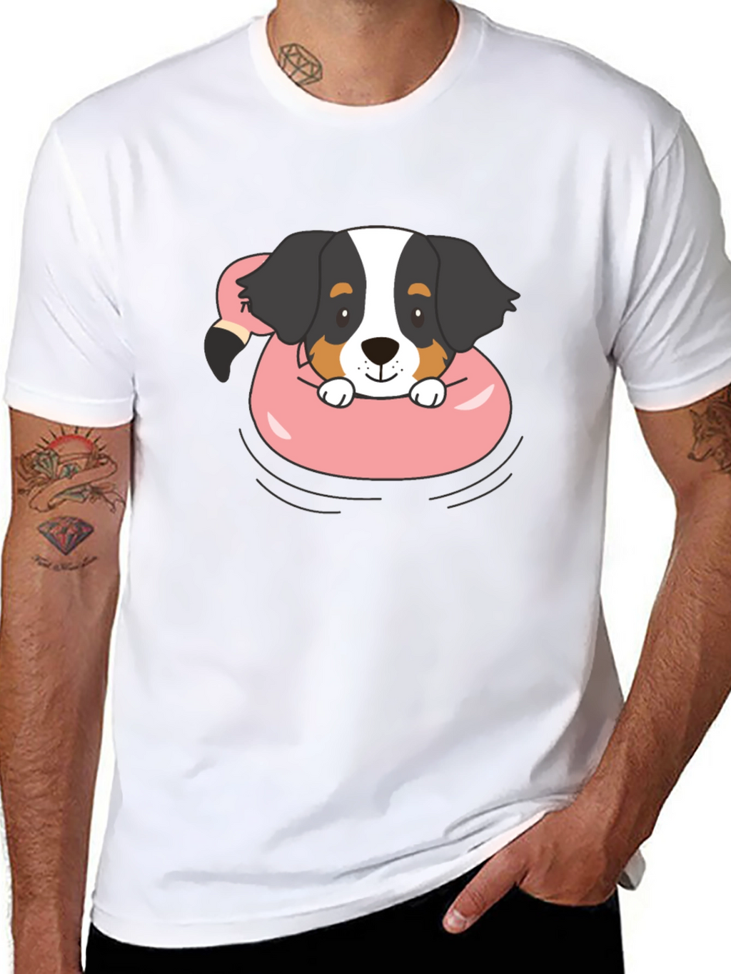 Dog in Flamingo Float Graphic T-Shirt