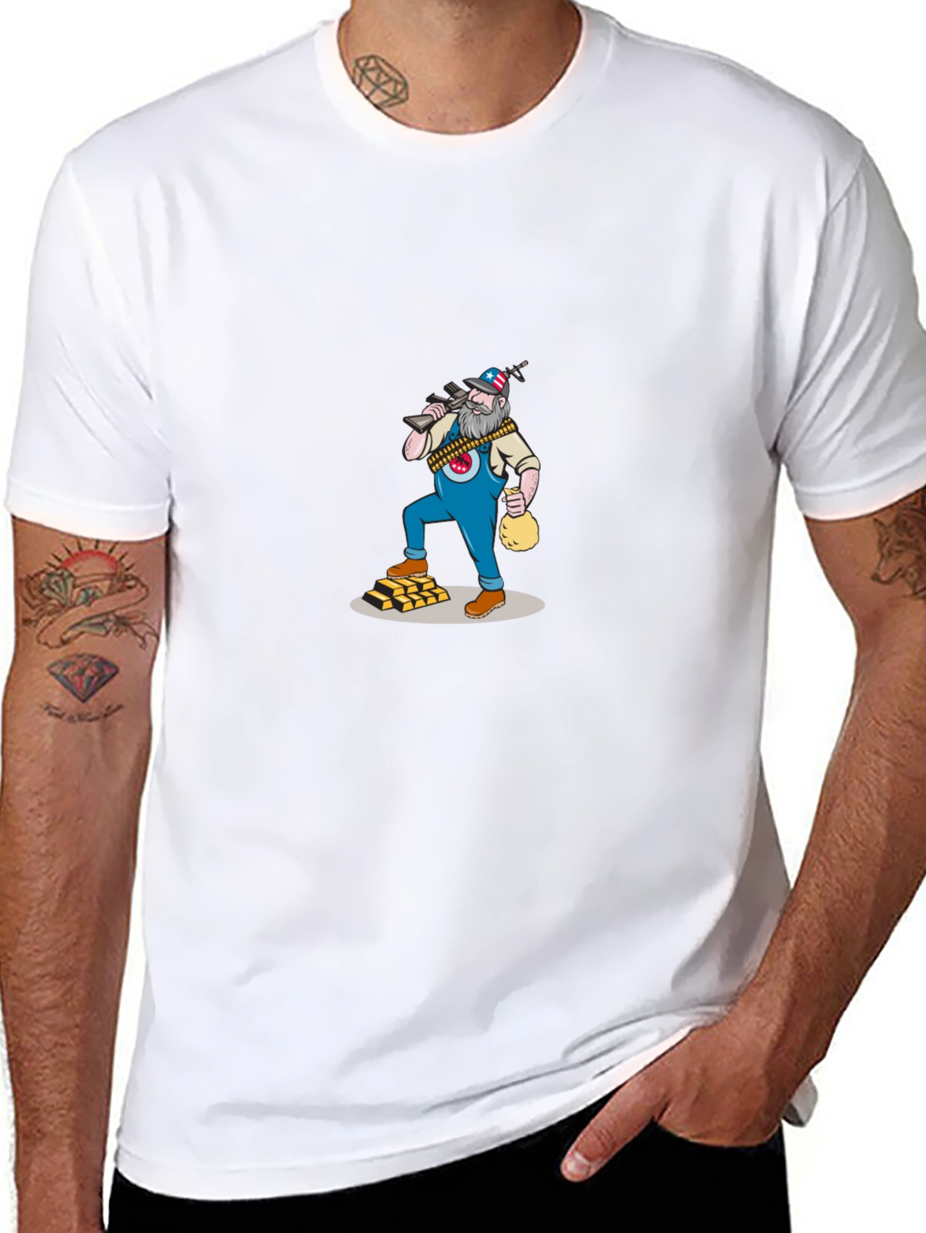 Black T-Shirt with Cartoon Gold Miner Design