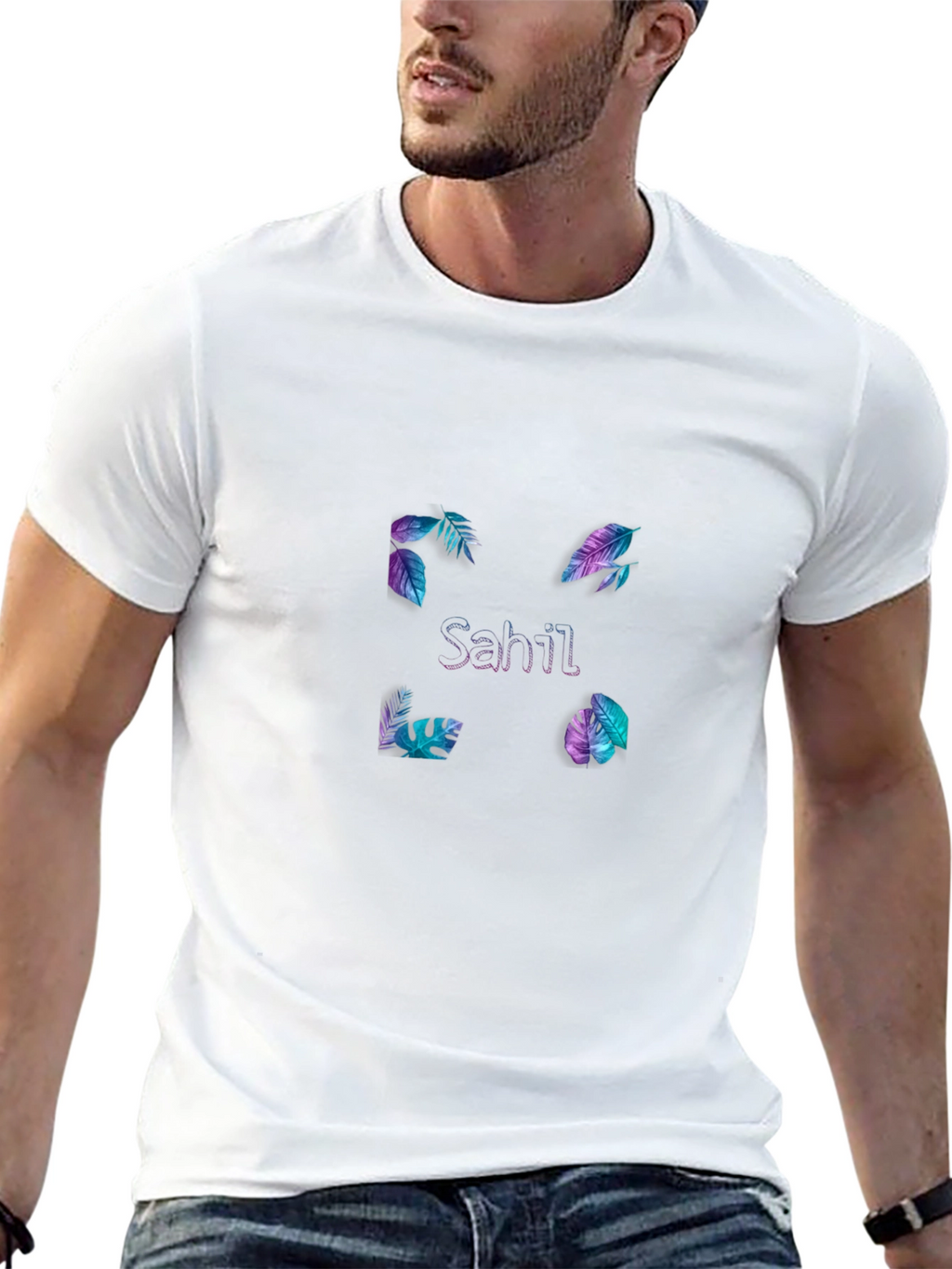 Sahil Graphic Tee - Tropical Leaf Design Black T-Shirt