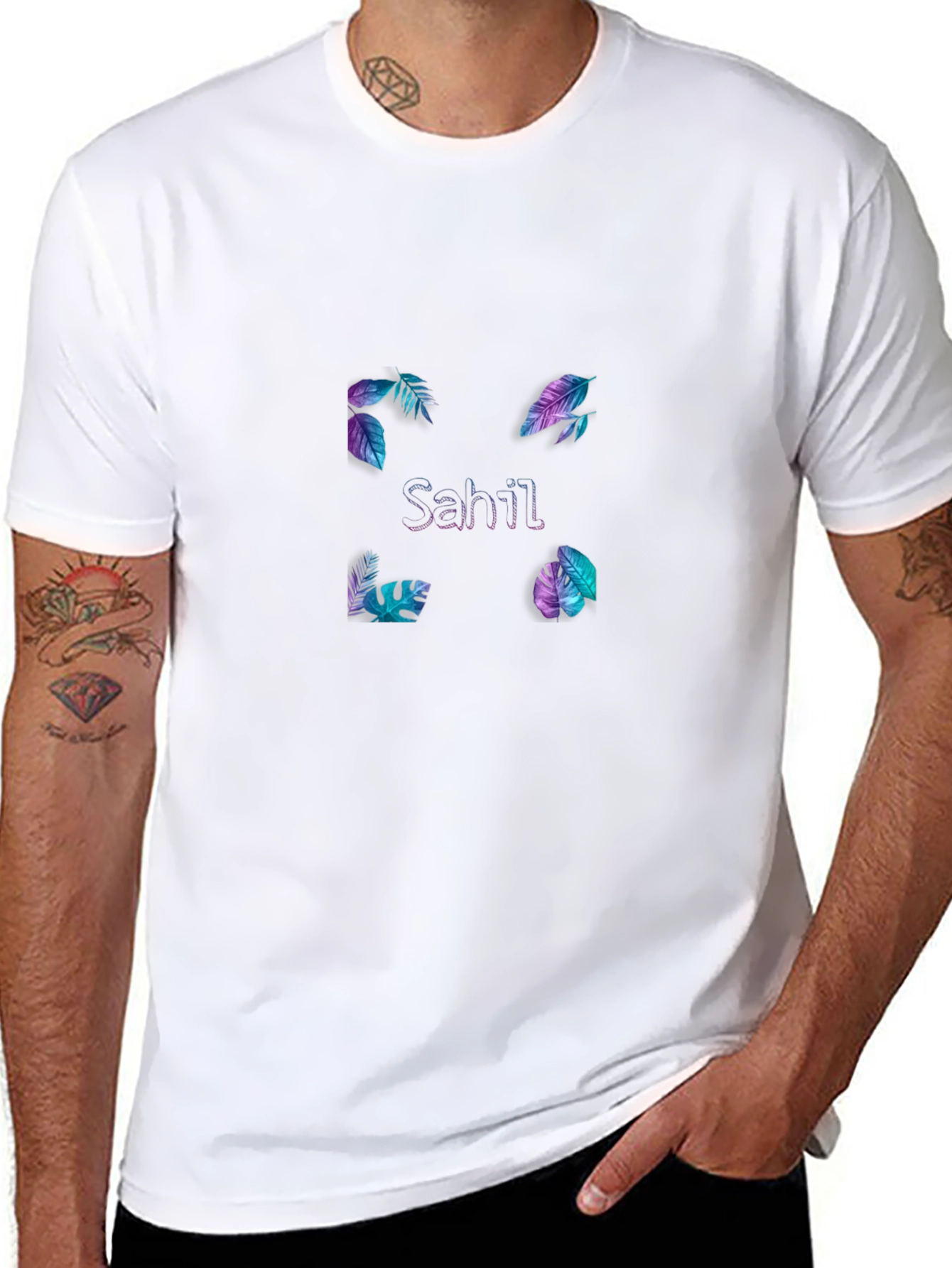 Sahil Graphic Tee - Tropical Leaf Design Black T-Shirt