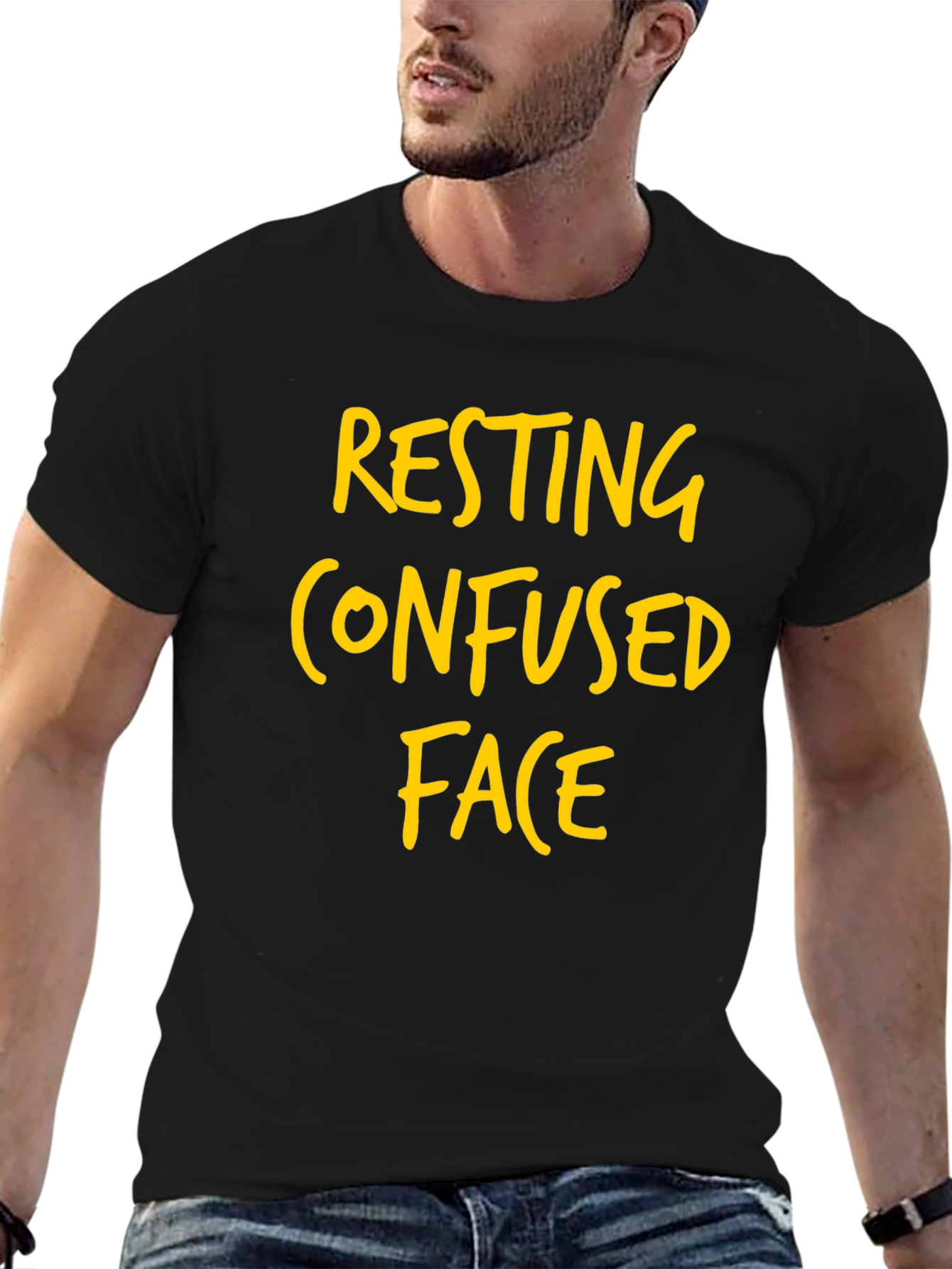 Resting Confused Face Graphic Tee - Black Cotton T-Shirt