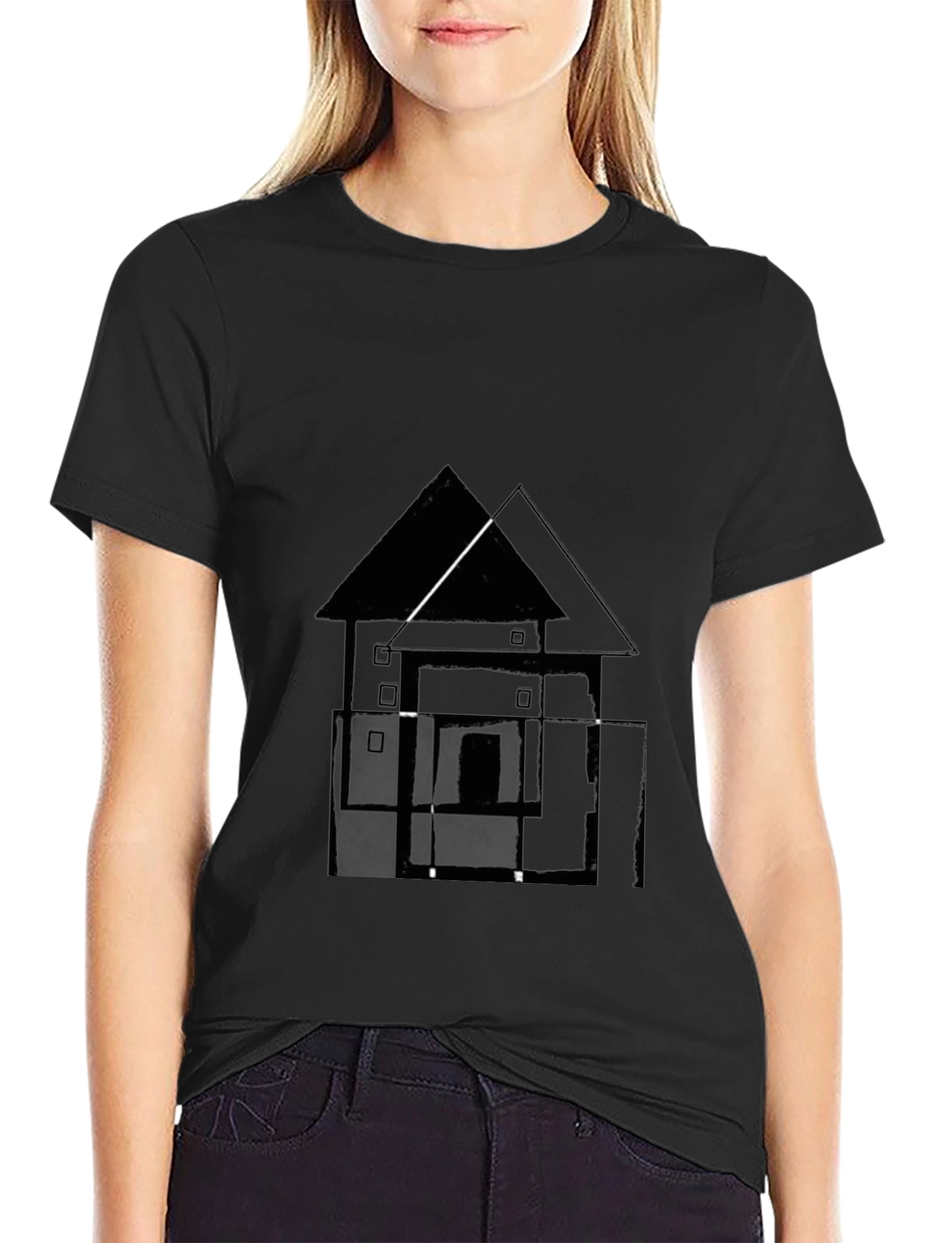 Abstract House Graphic Tee - Black Cotton T-Shirt
