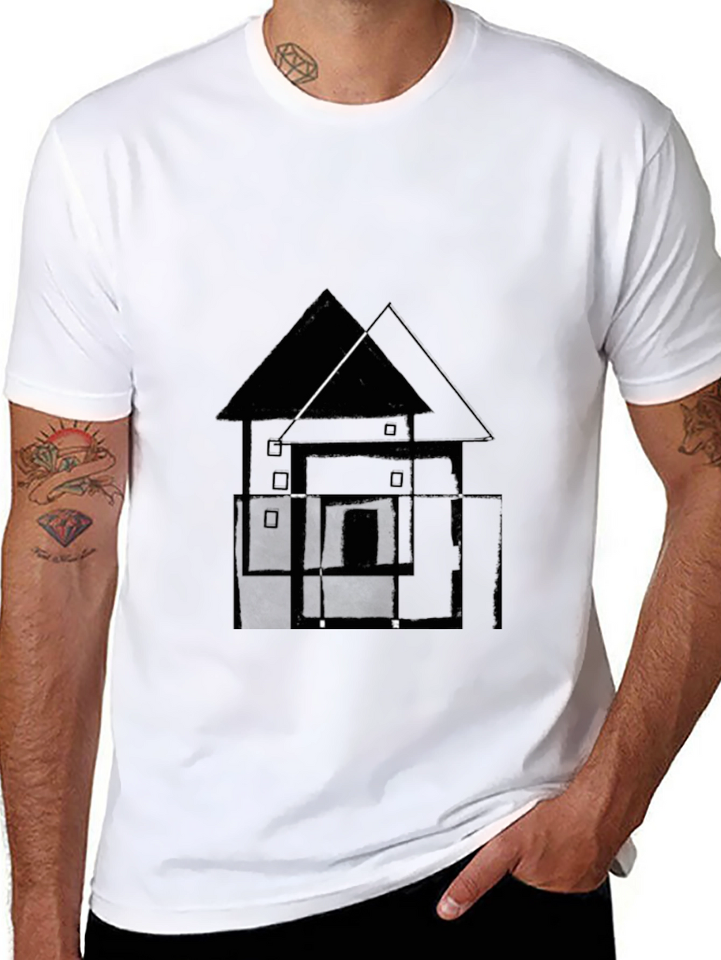 Abstract House Graphic Tee - Black Cotton T-Shirt