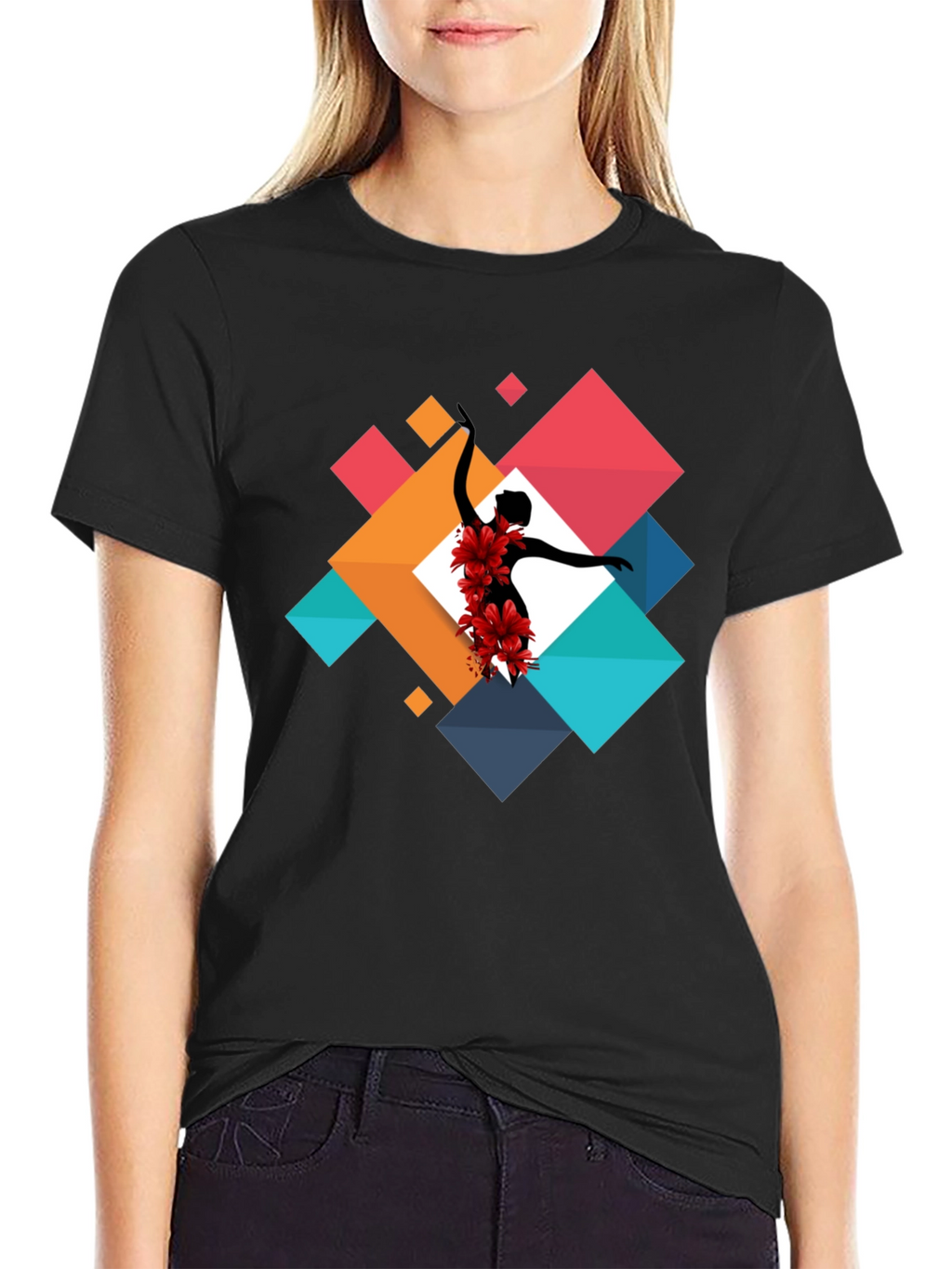 Geometric Floral Dancer Black T-Shirt