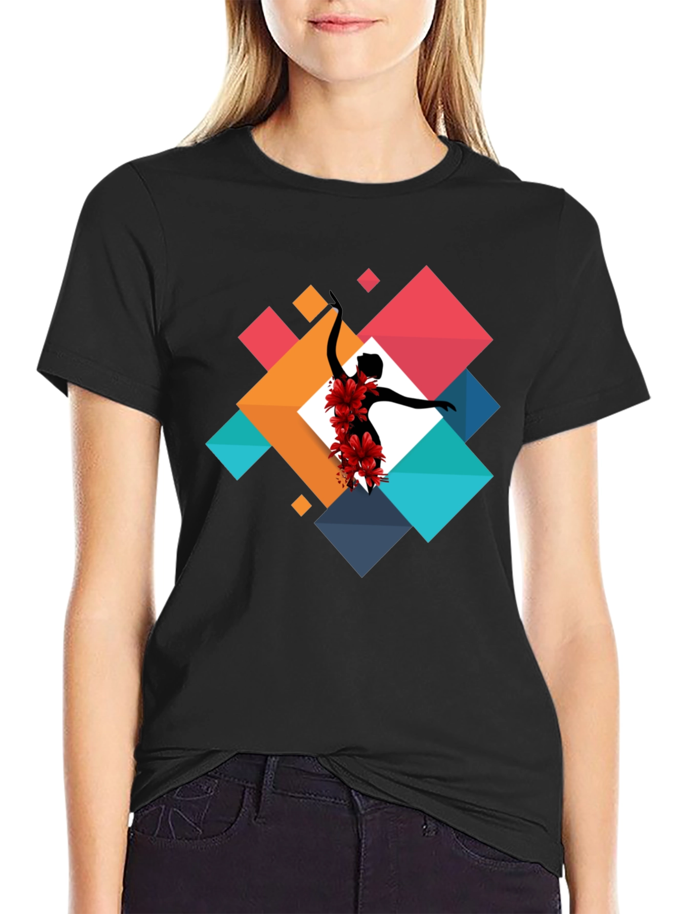 Geometric Floral Dancer Black T-Shirt