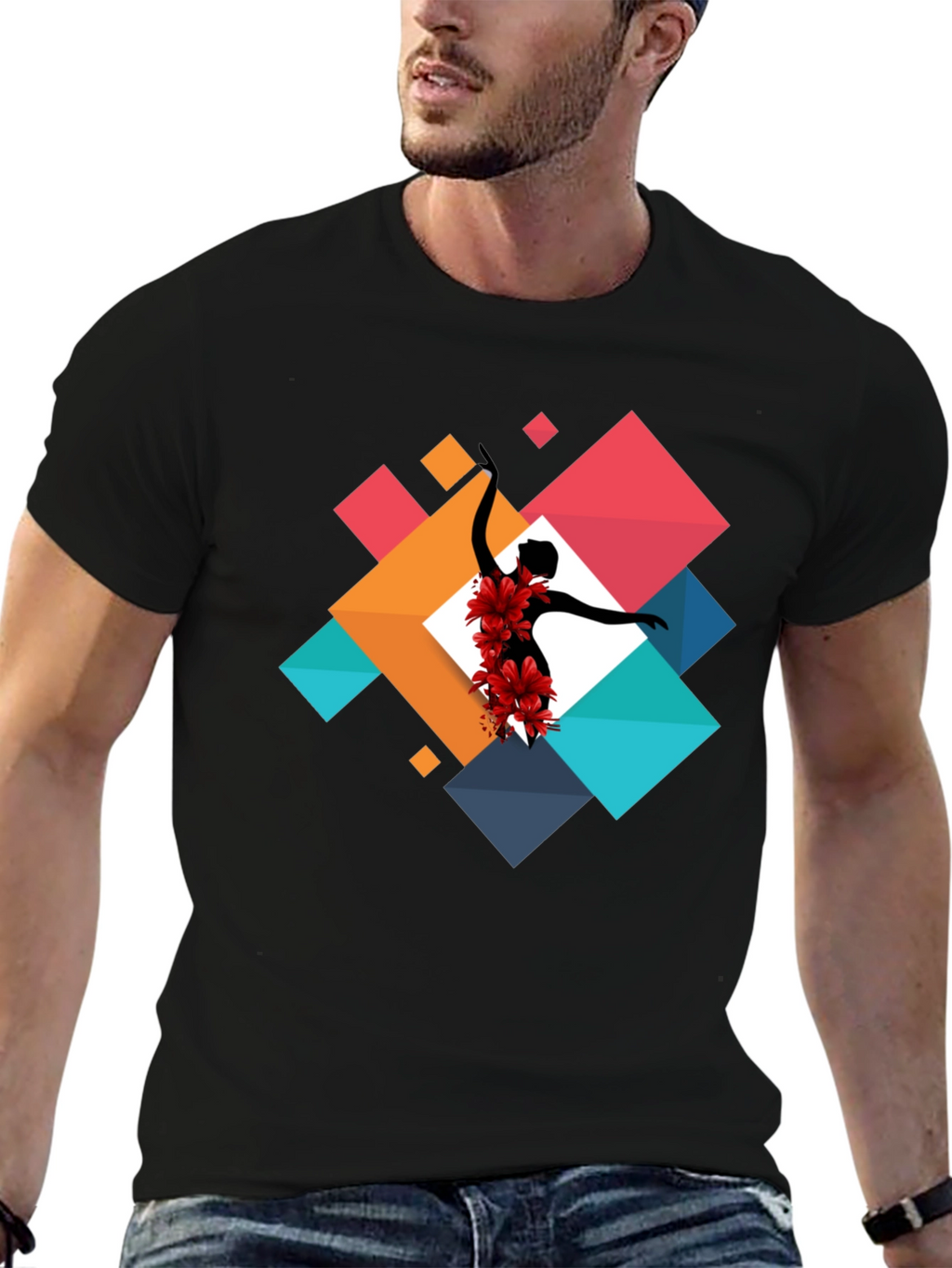 Geometric Floral Dancer Black T-Shirt