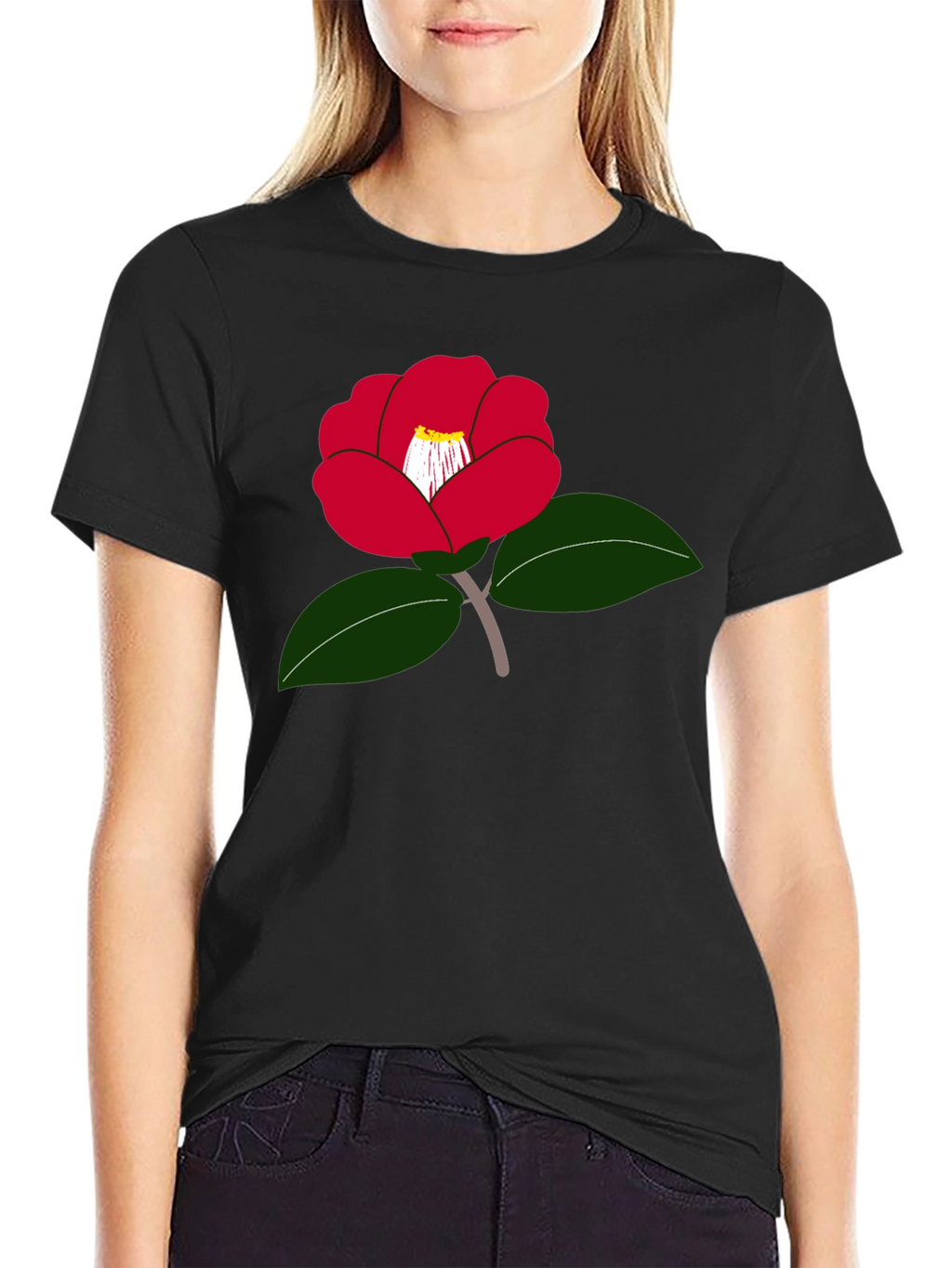 Red Camellia Flower Graphic T-Shirt - Casual Wear