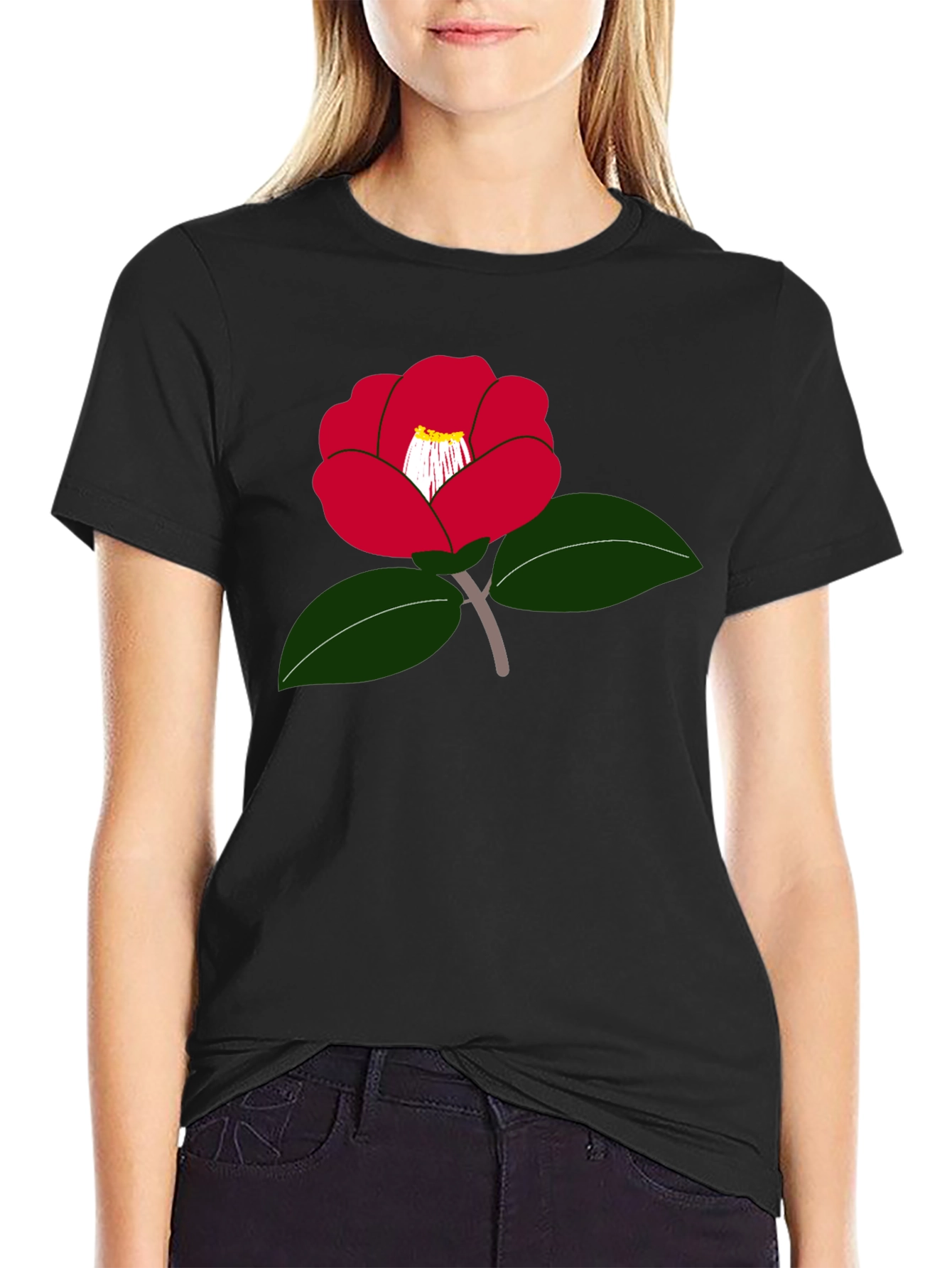 Red Camellia Flower Graphic T-Shirt - Casual Wear