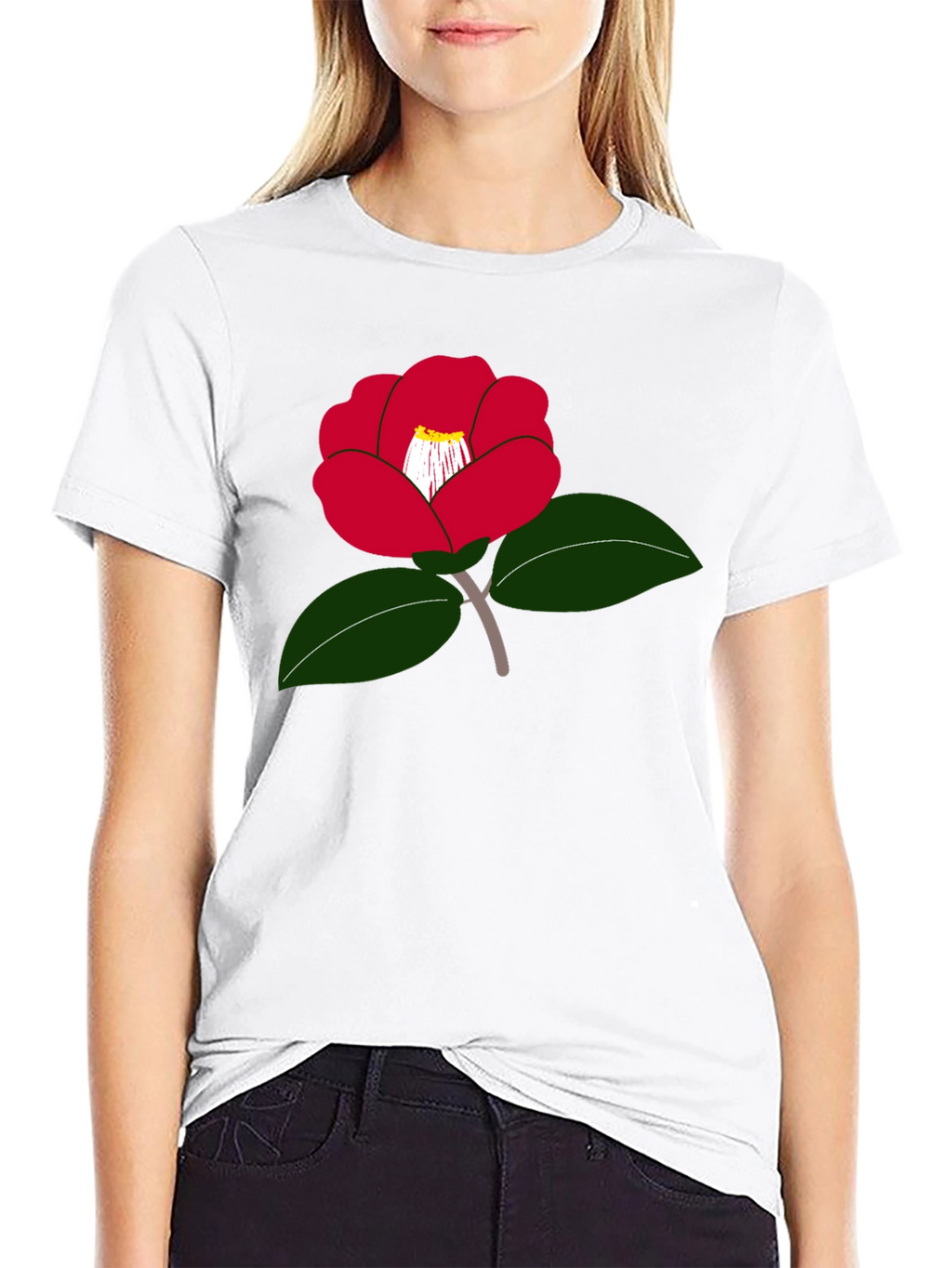 Red Camellia Flower Graphic T-Shirt - Casual Wear