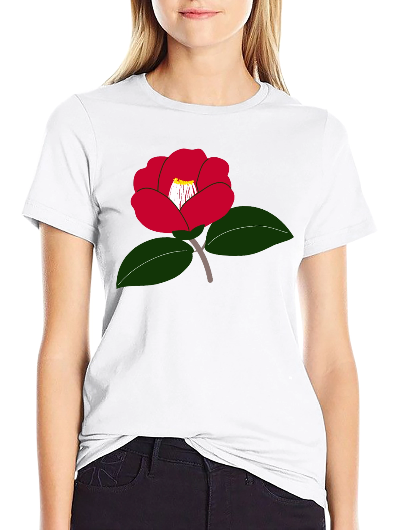 Red Camellia Flower Graphic T-Shirt - Casual Wear