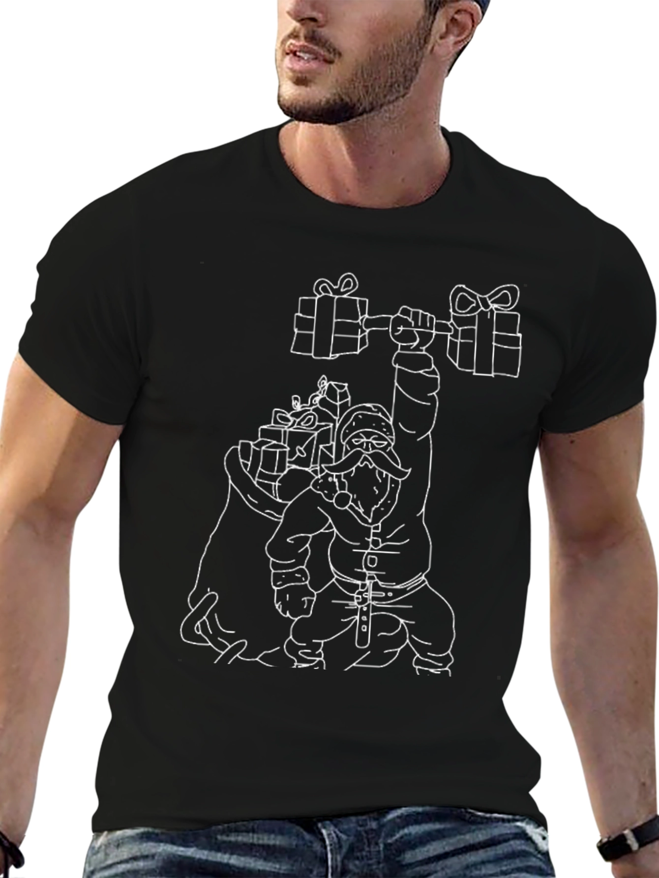 Santa Lifting Weights Graphic T-Shirt - Black