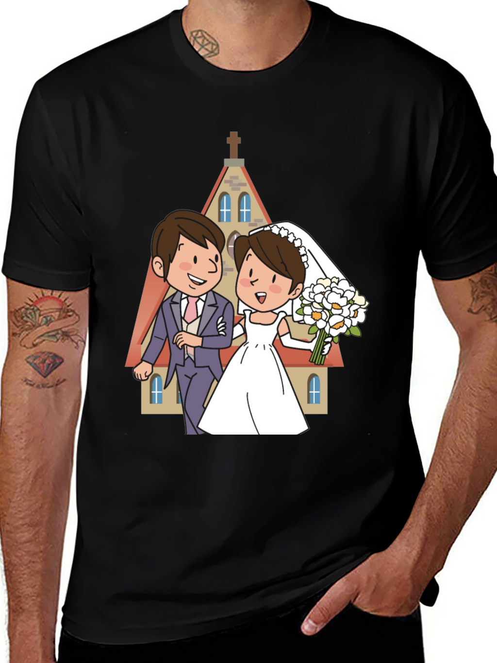 Wedding Cartoon Graphic Tee - Black