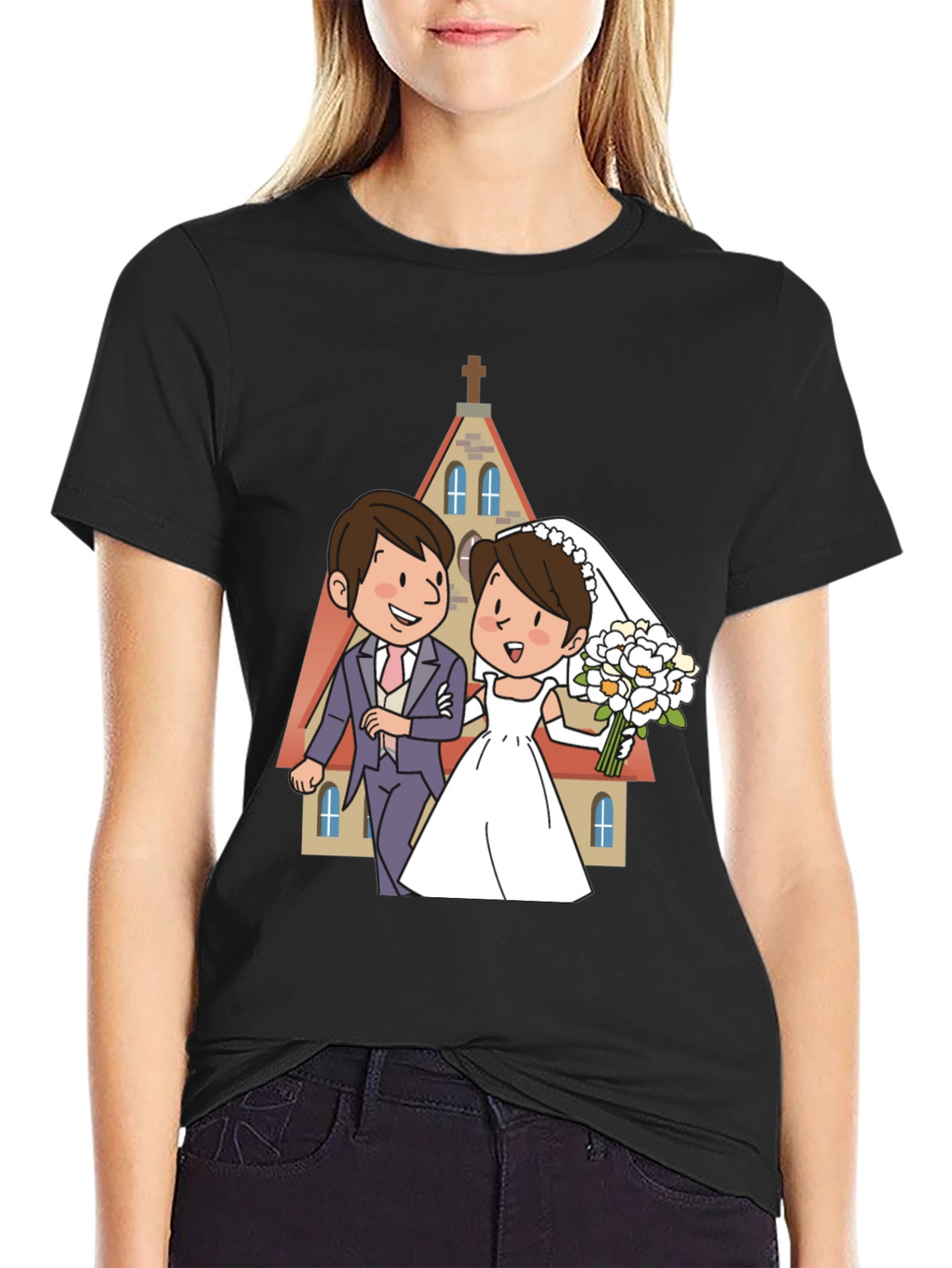 Wedding Cartoon Graphic Tee - Black