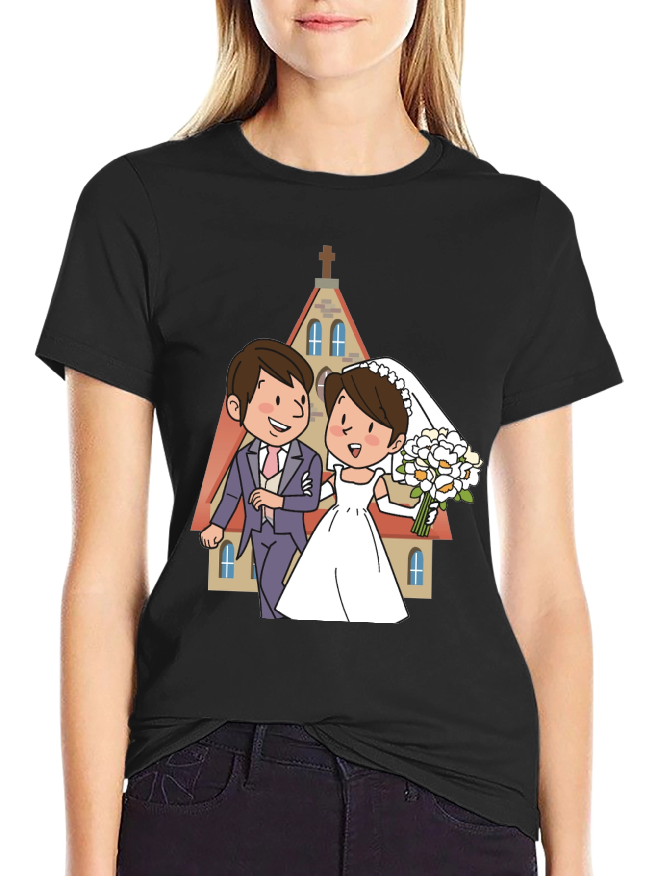 Wedding Cartoon Graphic Tee - Black