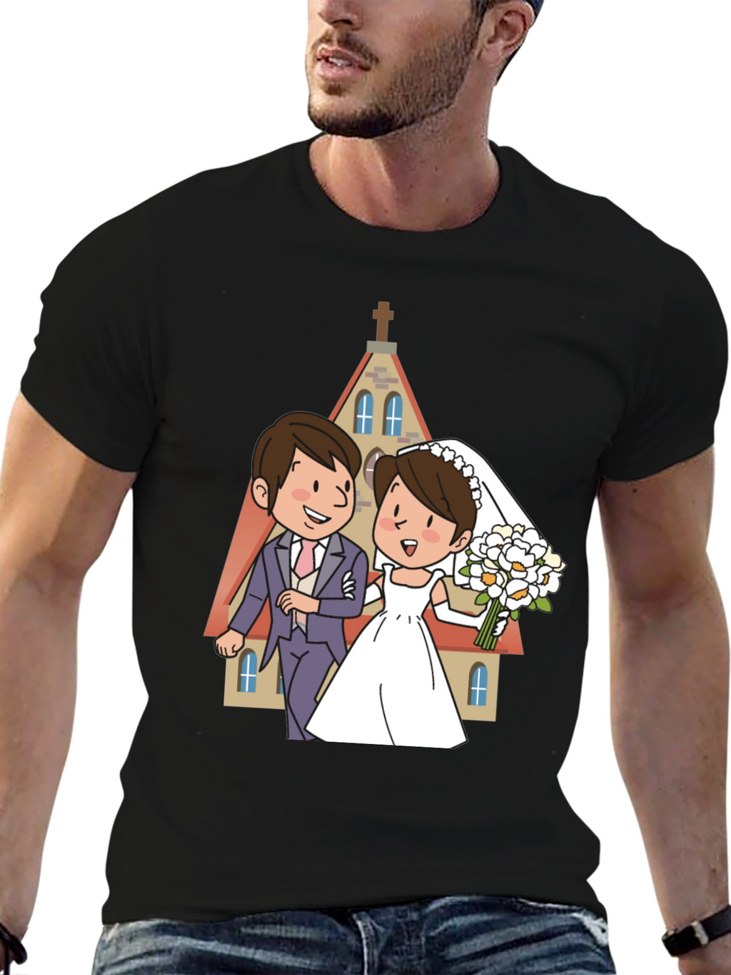 Wedding Cartoon Graphic Tee - Black