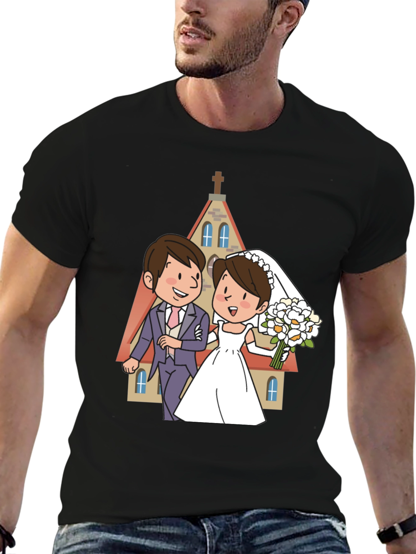 Wedding Cartoon Graphic Tee - Black