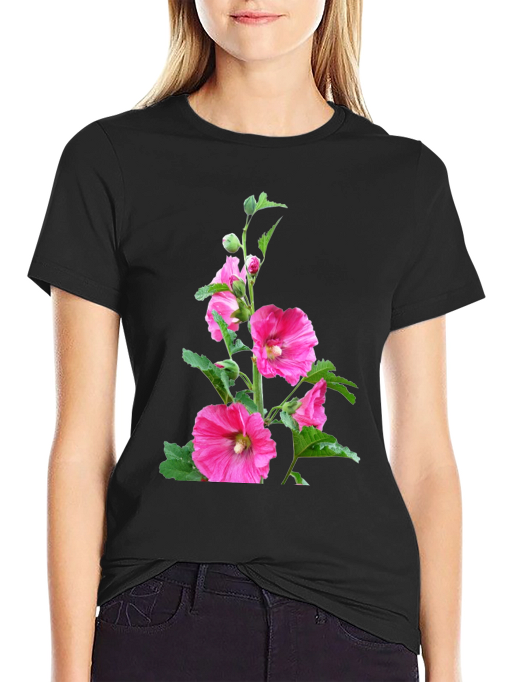Floral Print Black Tee - Unique Design