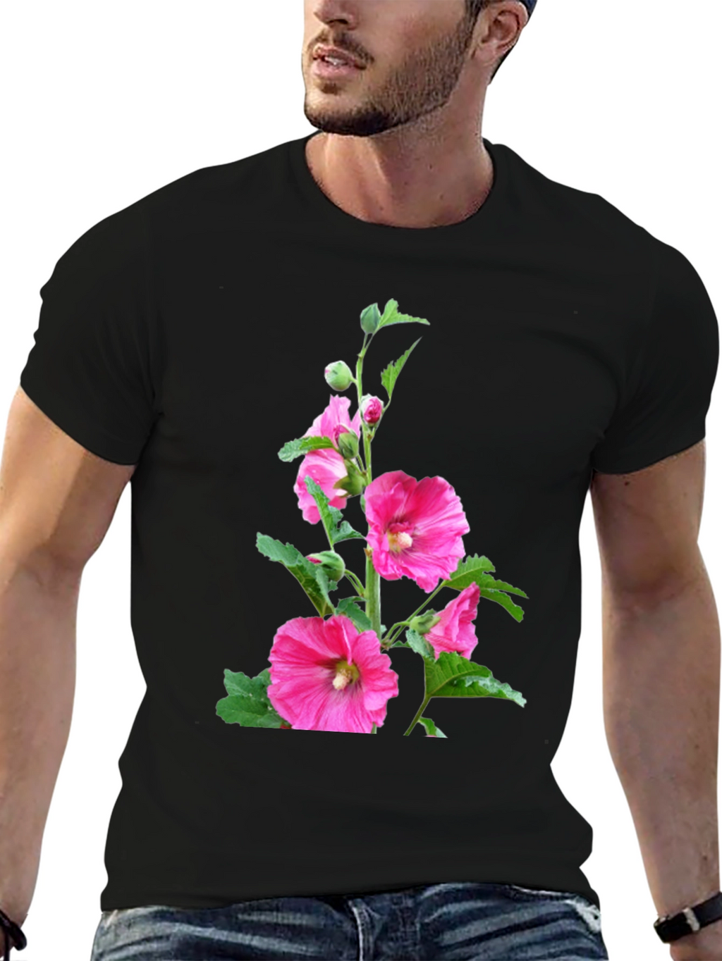 Floral Print Black Tee - Unique Design