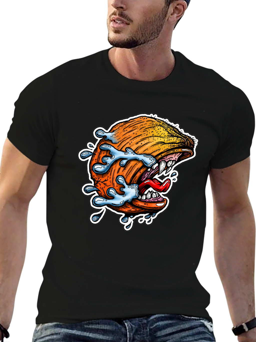 Mens Black Graphic Tee - Pumpkin Monster Bite