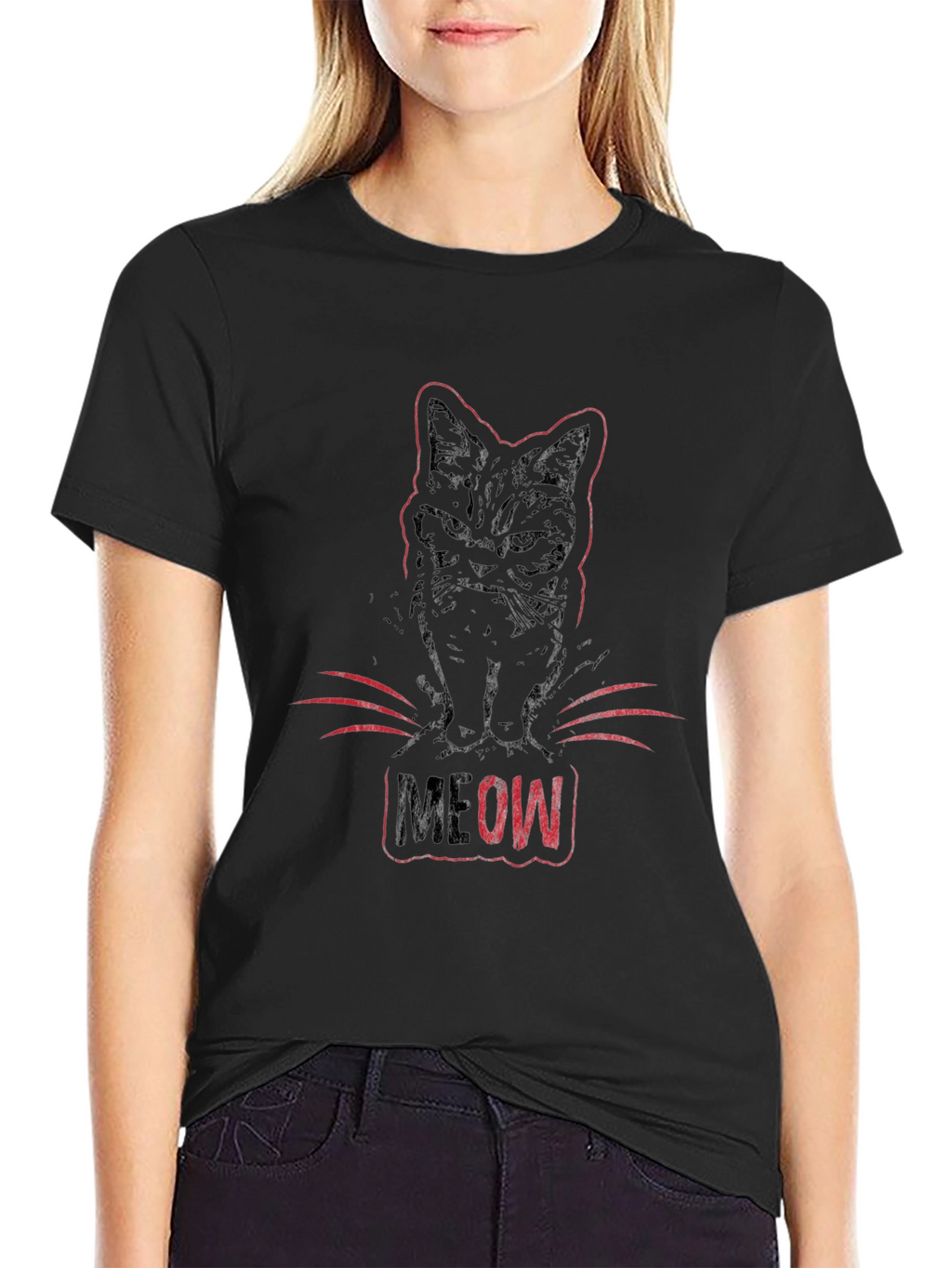 Meow Cat Graphic Tee - Black