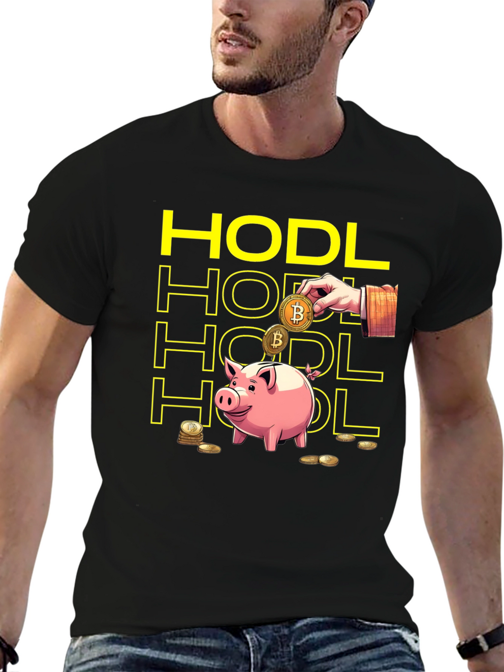 HODL Bitcoin Crypto Piggy Bank Black T-Shirt