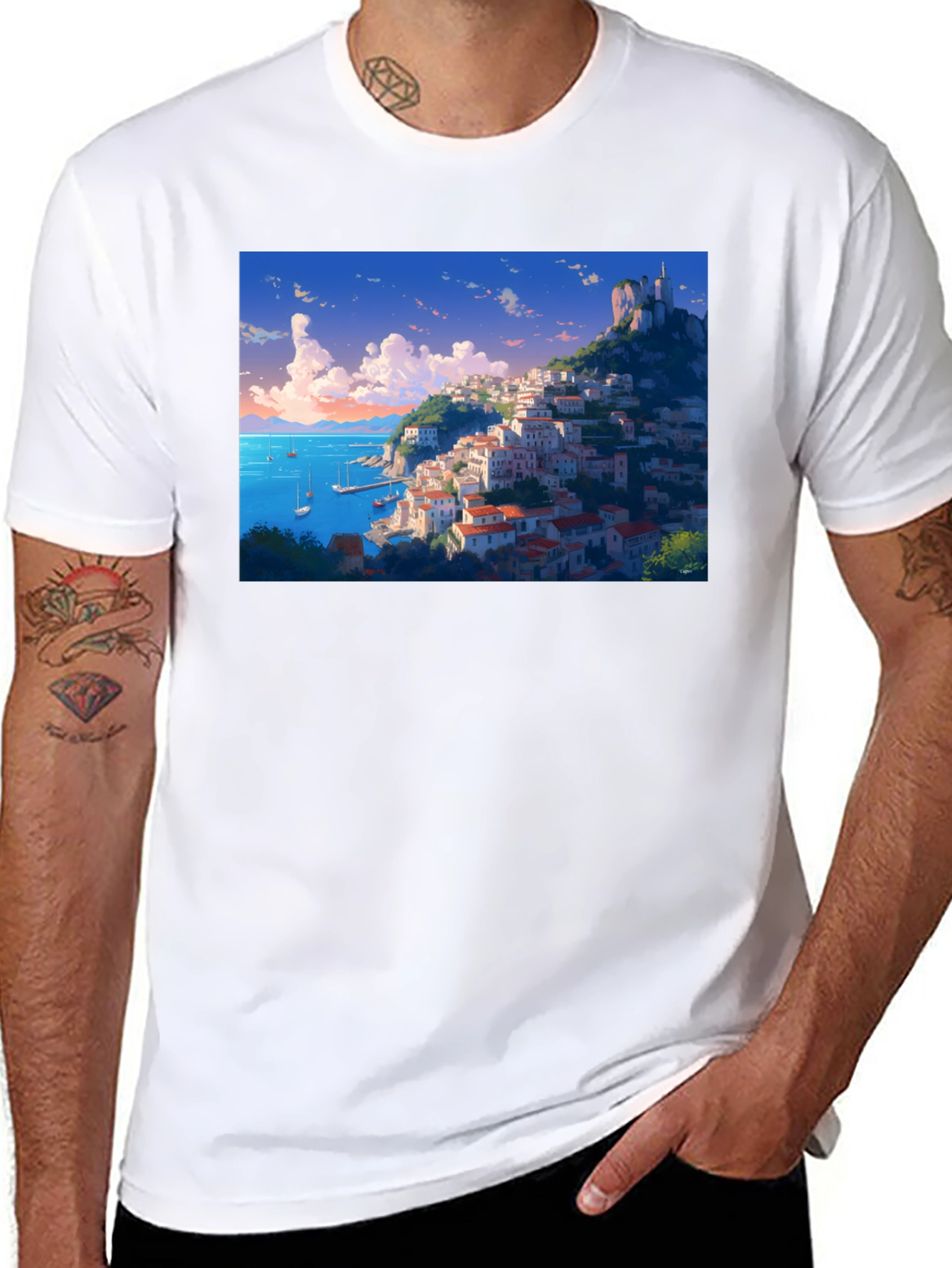 Anime Coastal Town T-Shirt - Black