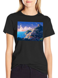 Anime Coastal Town T-Shirt - Black