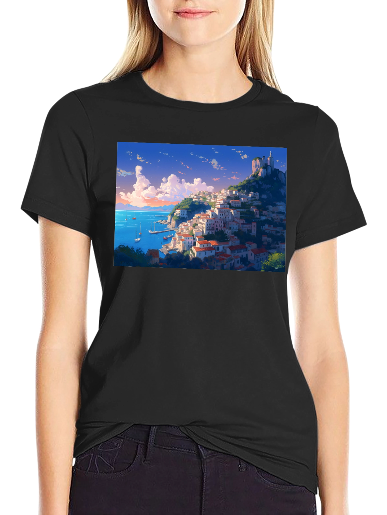 Anime Coastal Town T-Shirt - Black
