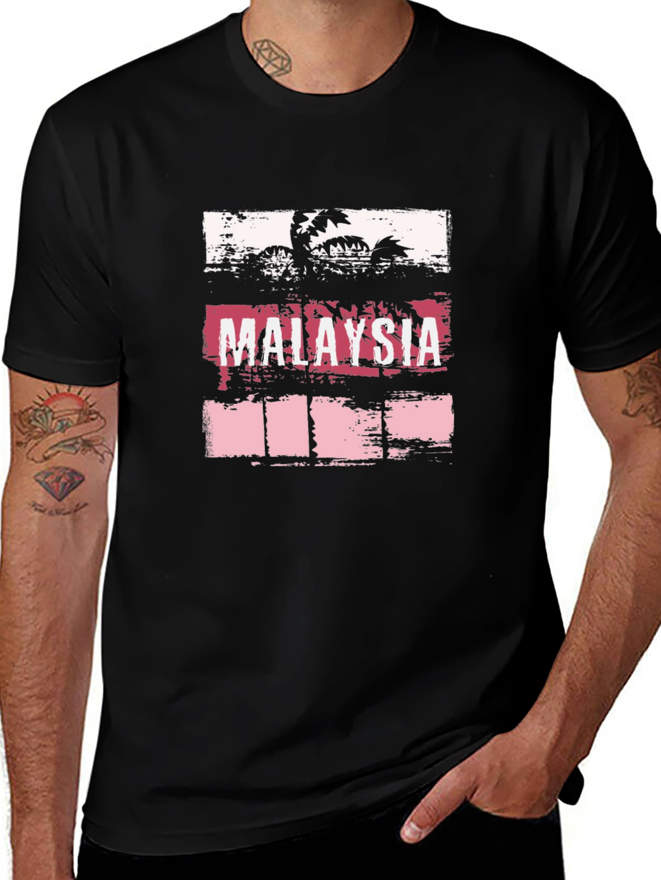 Malaysia Palm Tree Graphic Tee - Black Cotton T-Shirt