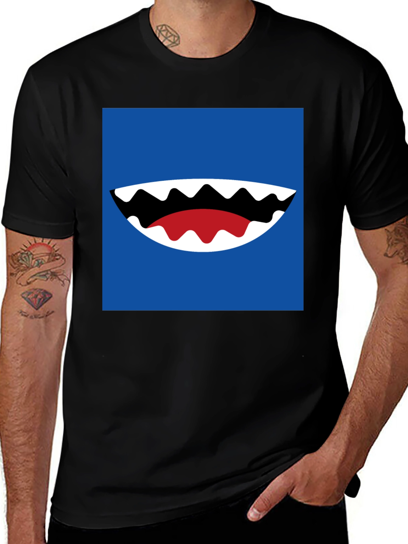 Cartoon Shark Mouth Graphic Tee - Mens Black T-Shirt