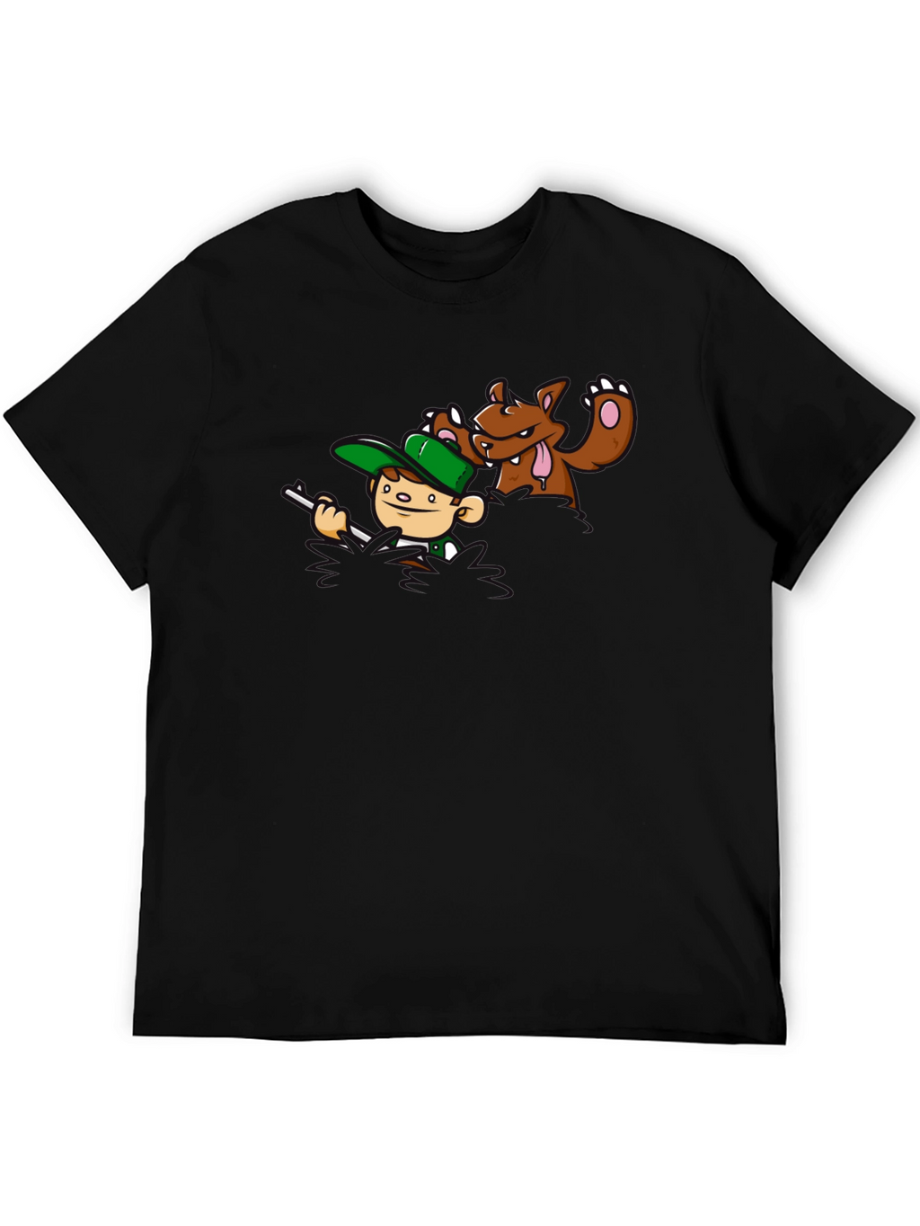 Cartoon Hunter vs. Bear Graphic T-Shirt
