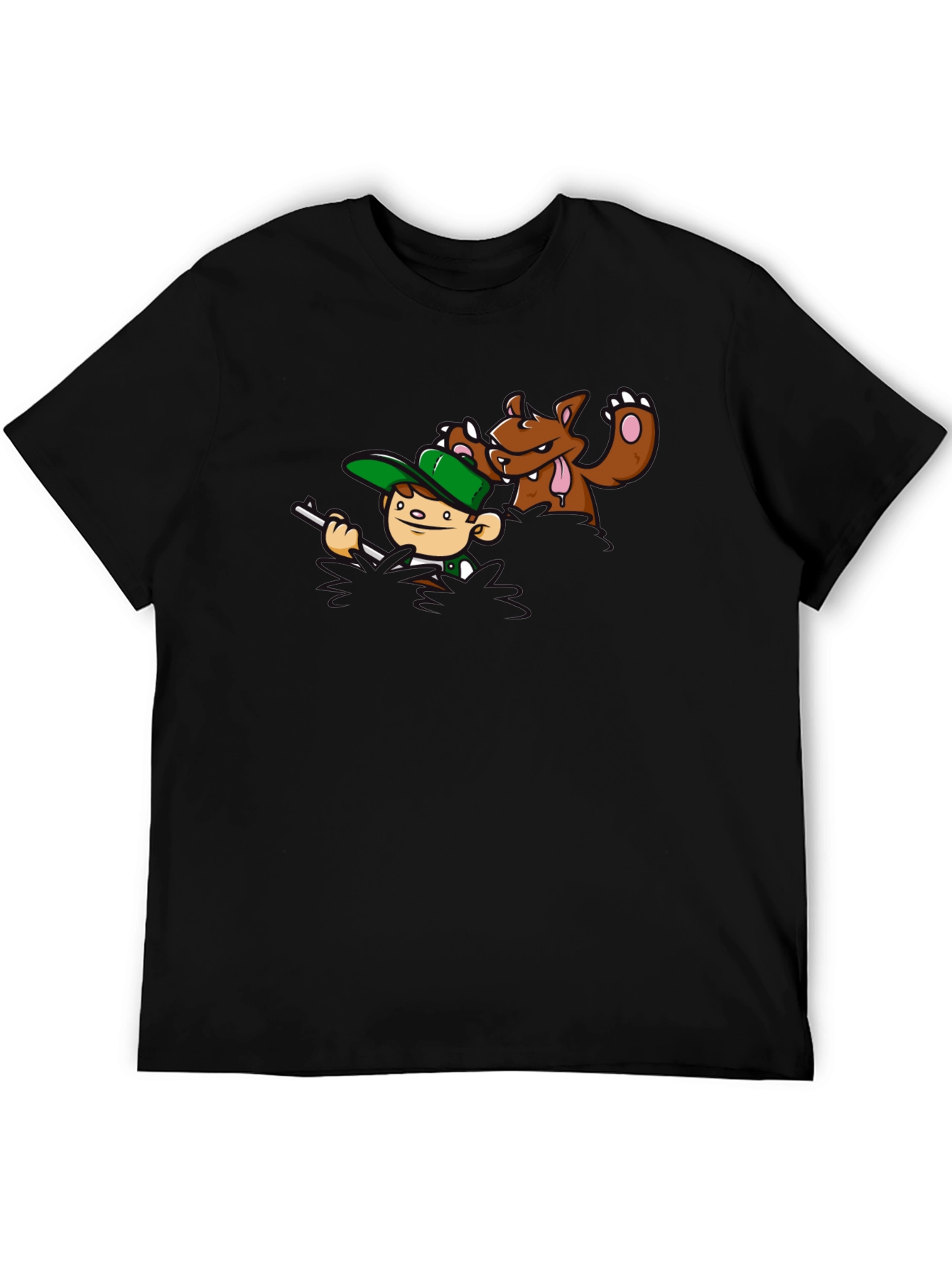 Cartoon Hunter vs. Bear Graphic T-Shirt
