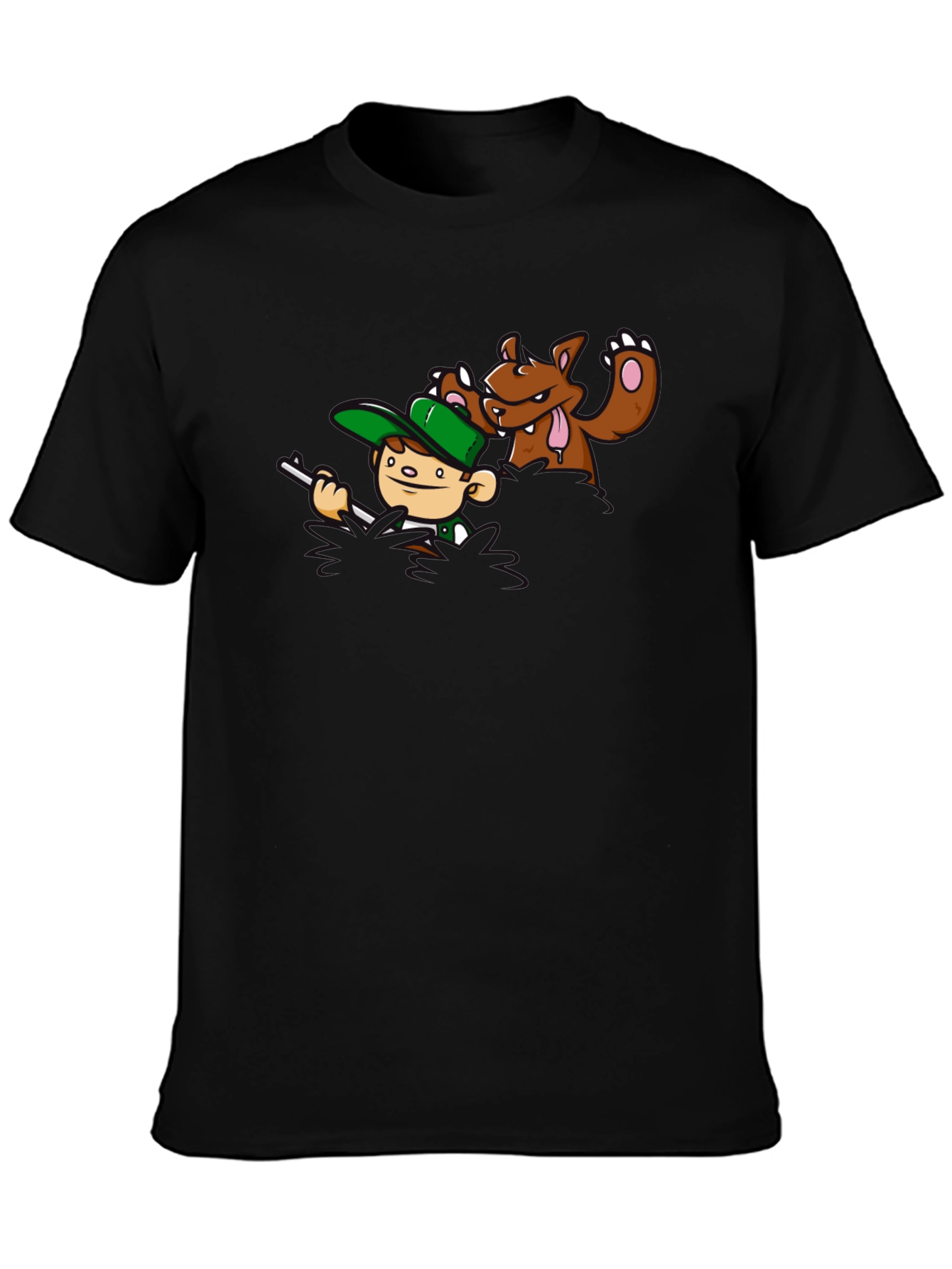 Cartoon Hunter vs. Bear Graphic T-Shirt