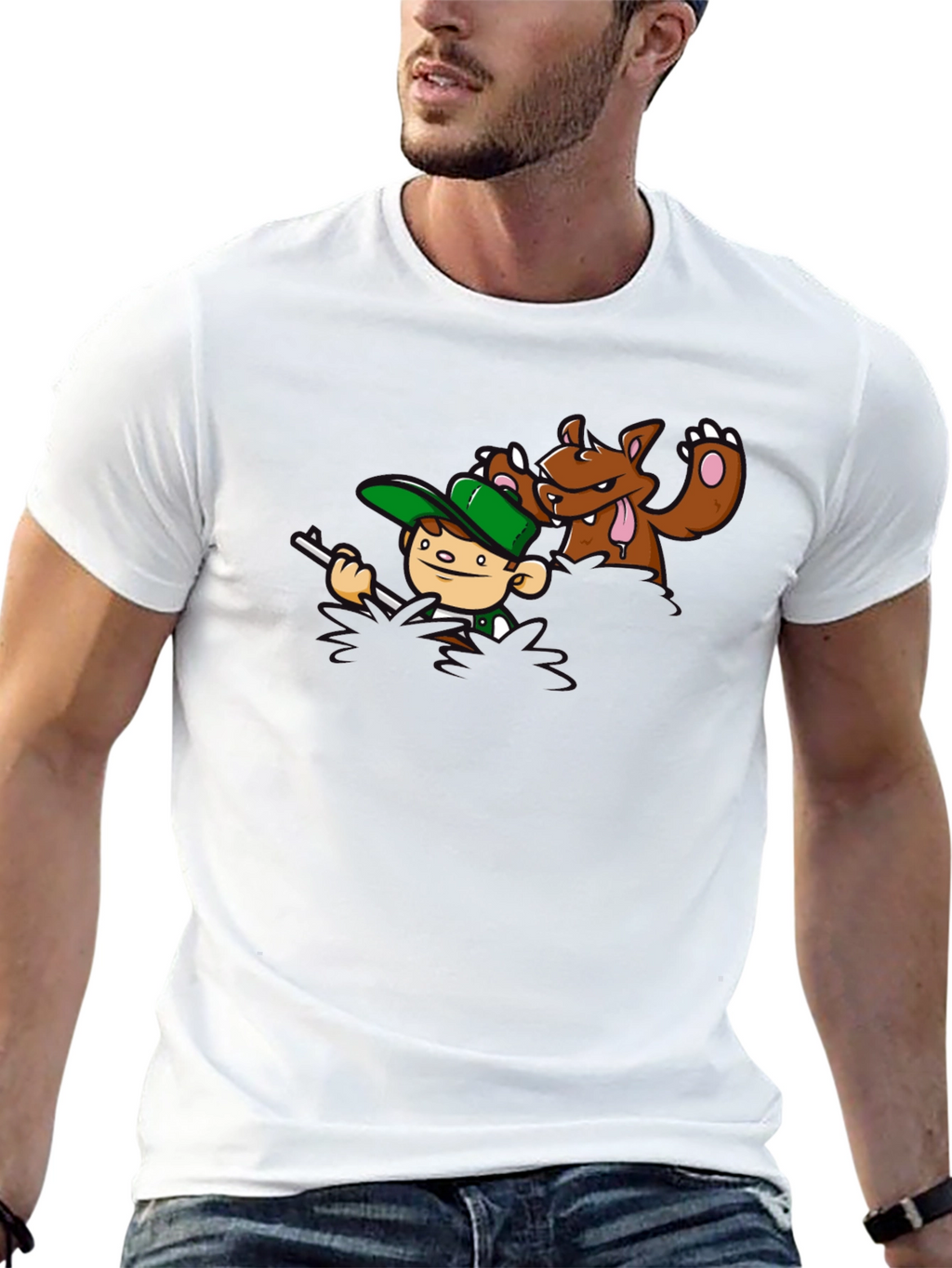 Cartoon Hunter vs. Bear Graphic T-Shirt