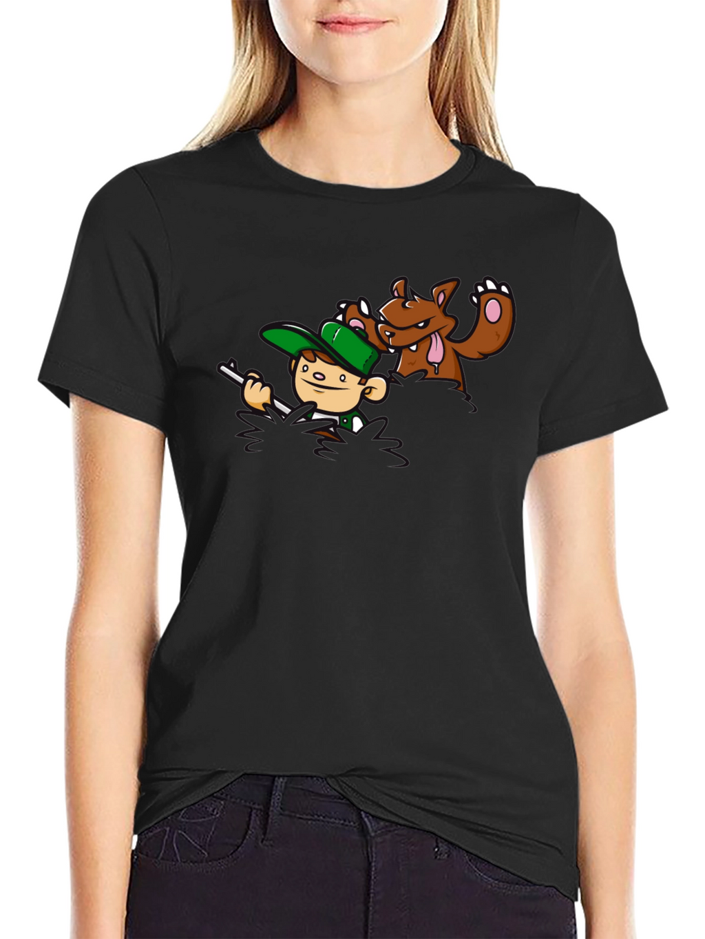 Cartoon Hunter vs. Bear Graphic T-Shirt