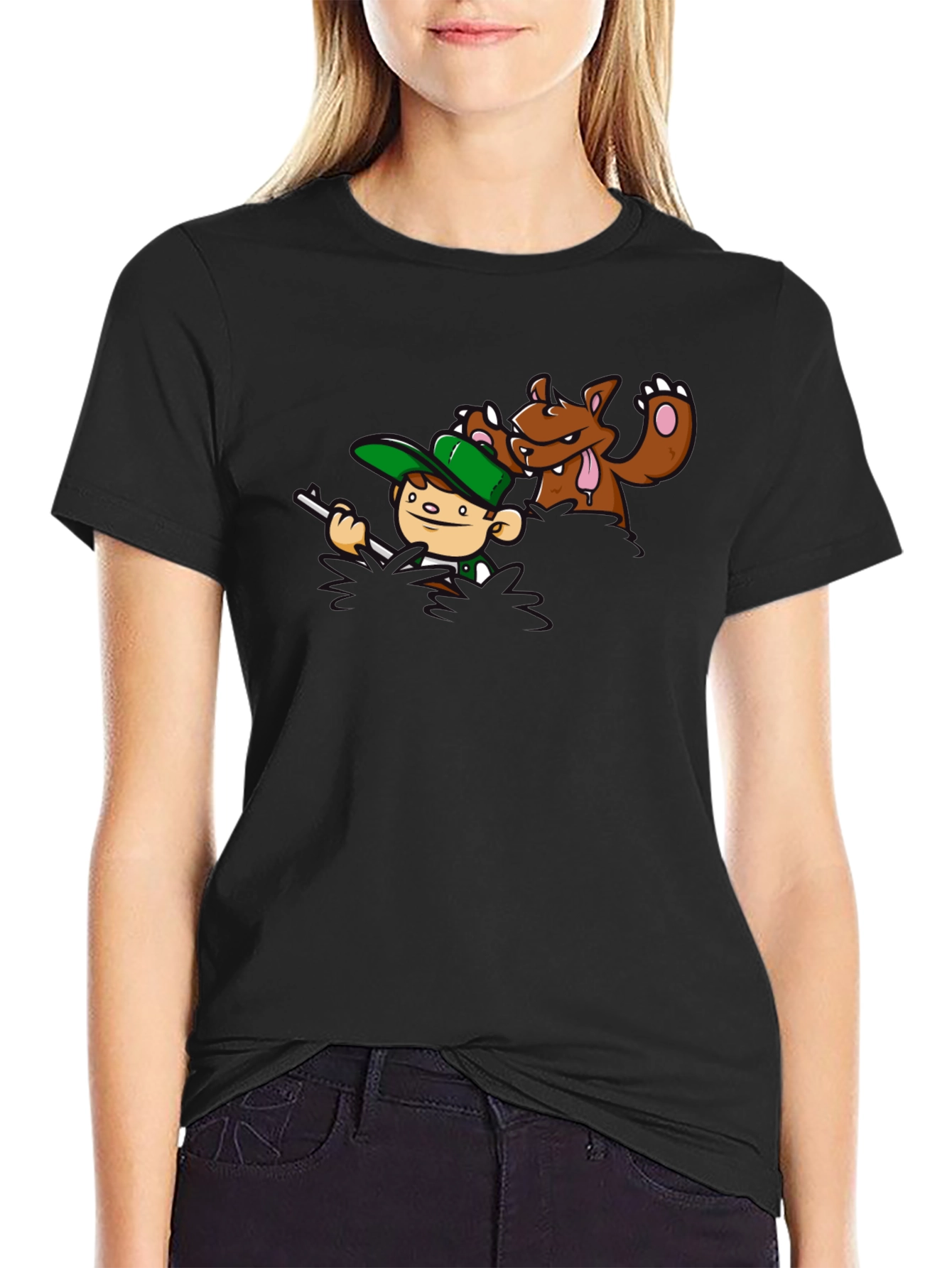 Cartoon Hunter vs. Bear Graphic T-Shirt