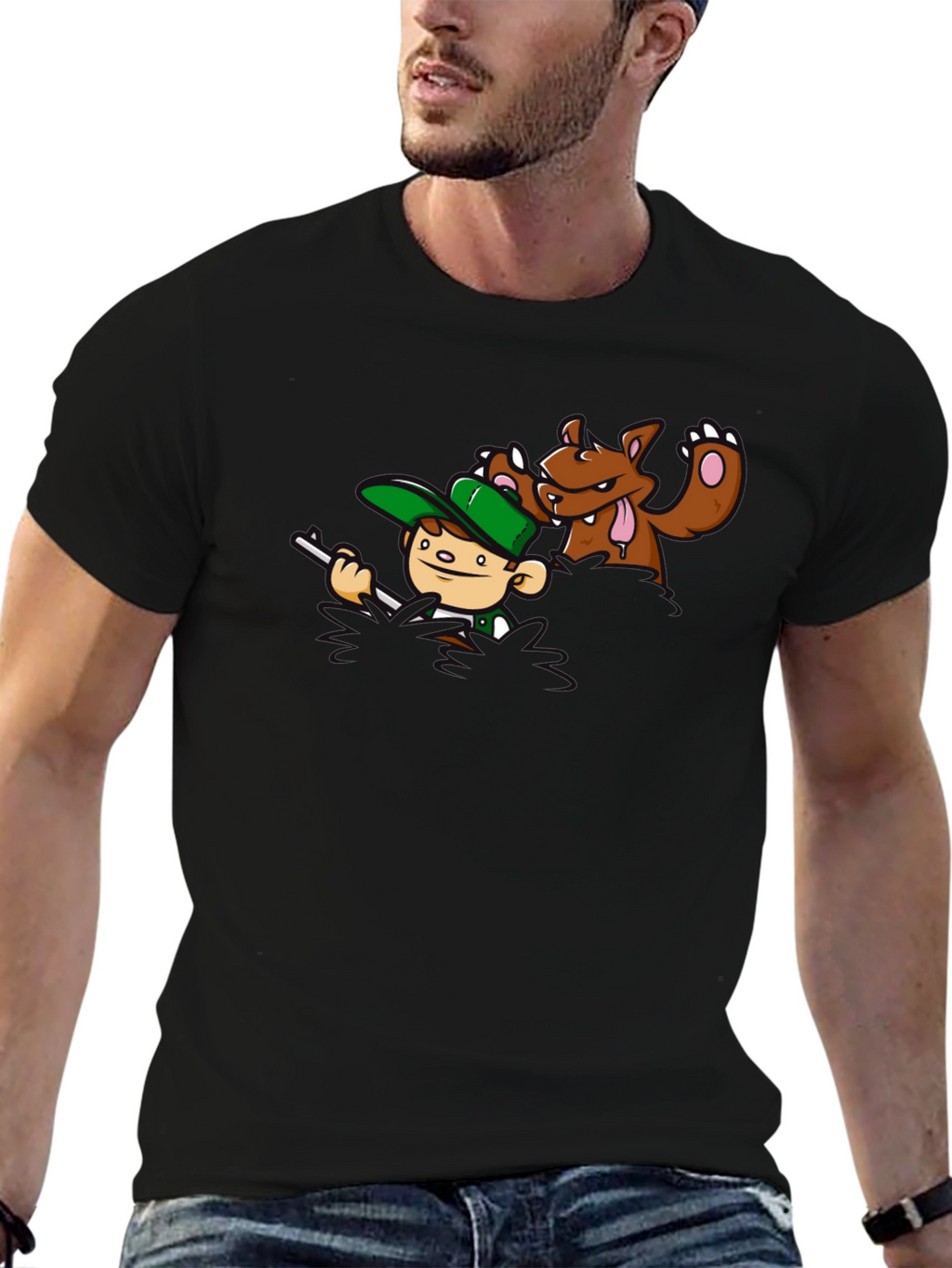 Cartoon Hunter vs. Bear Graphic T-Shirt