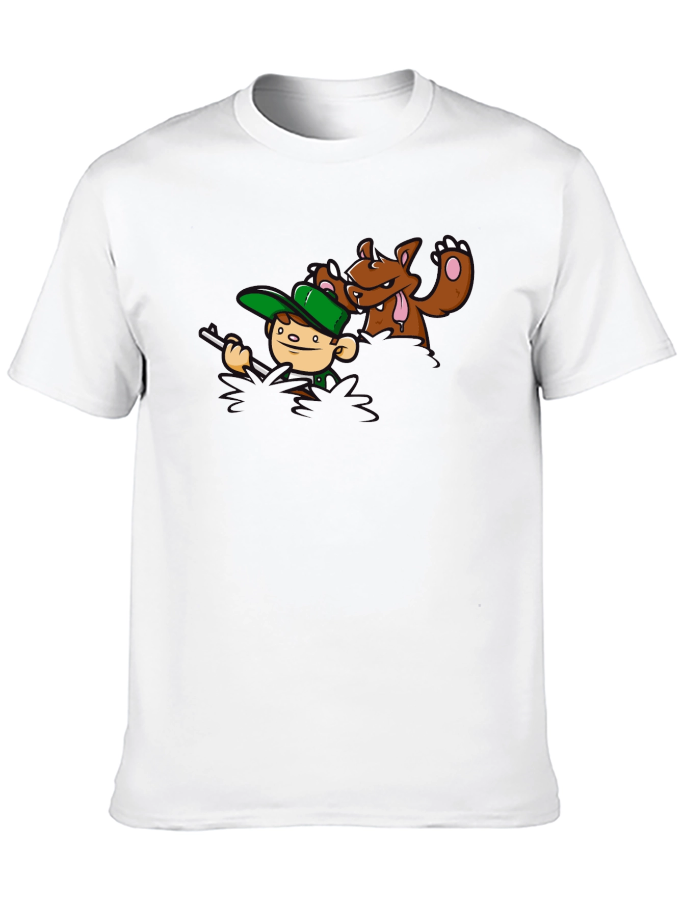 Cartoon Hunter vs. Bear Graphic T-Shirt