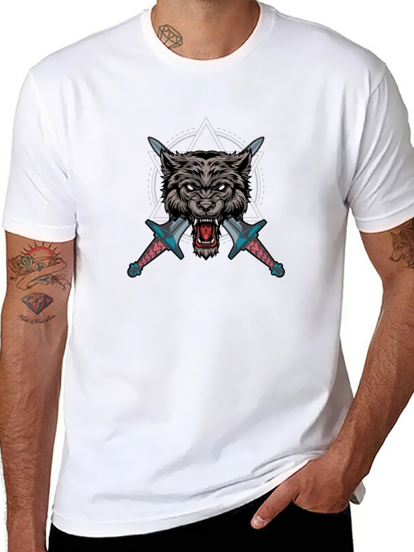 Wolf & Swords Graphic Print Black T-Shirt