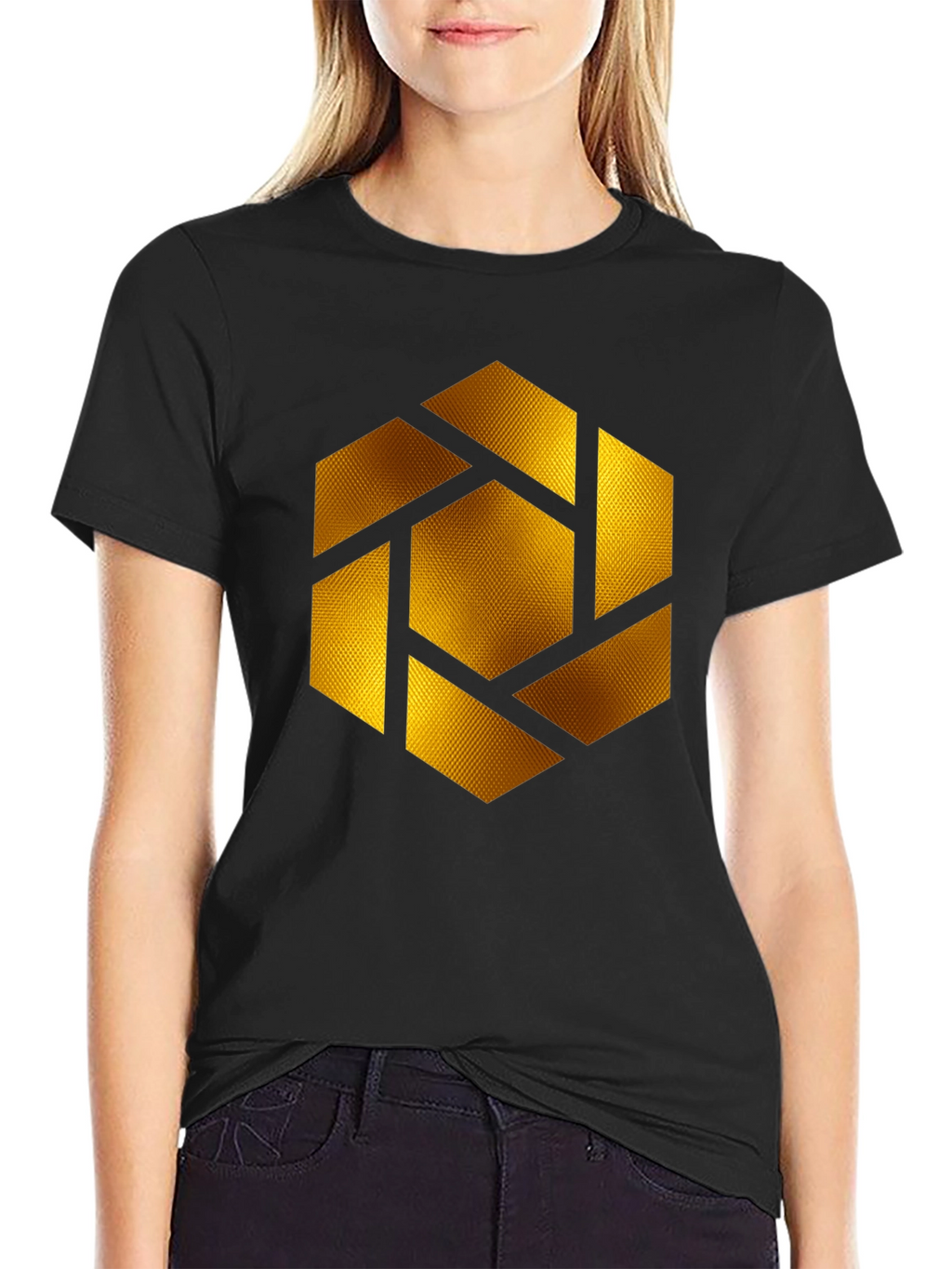 Geometric Gold Shutter Graphic Black T-Shirt