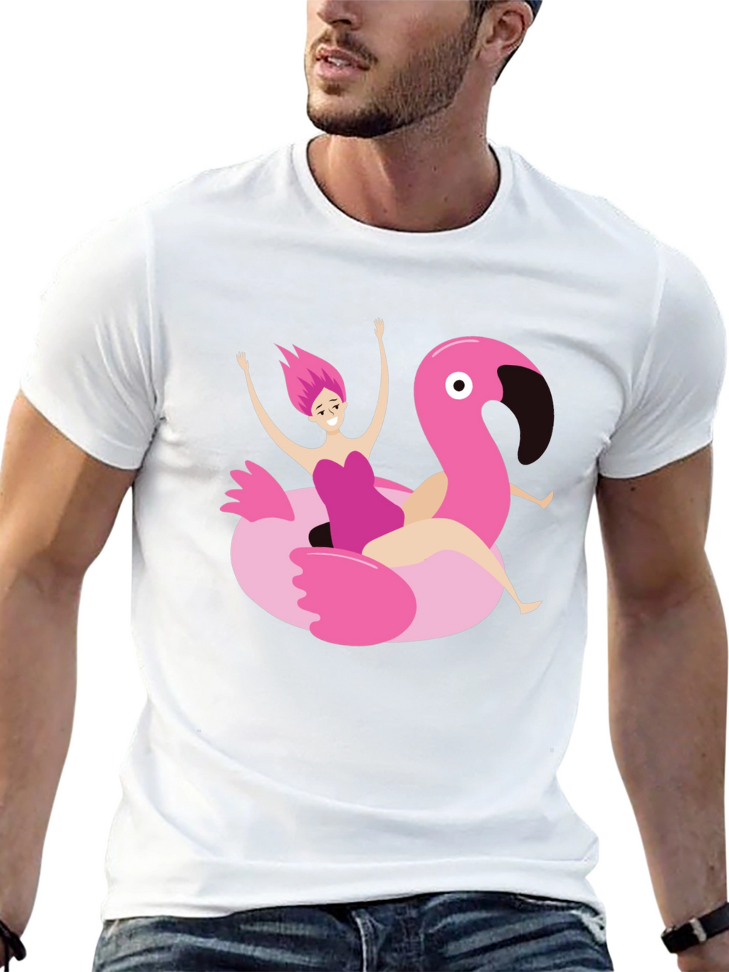 Black T-Shirt with Flamingo Float Graphic