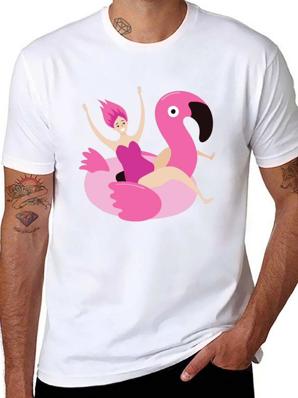 Black T-Shirt with Flamingo Float Graphic