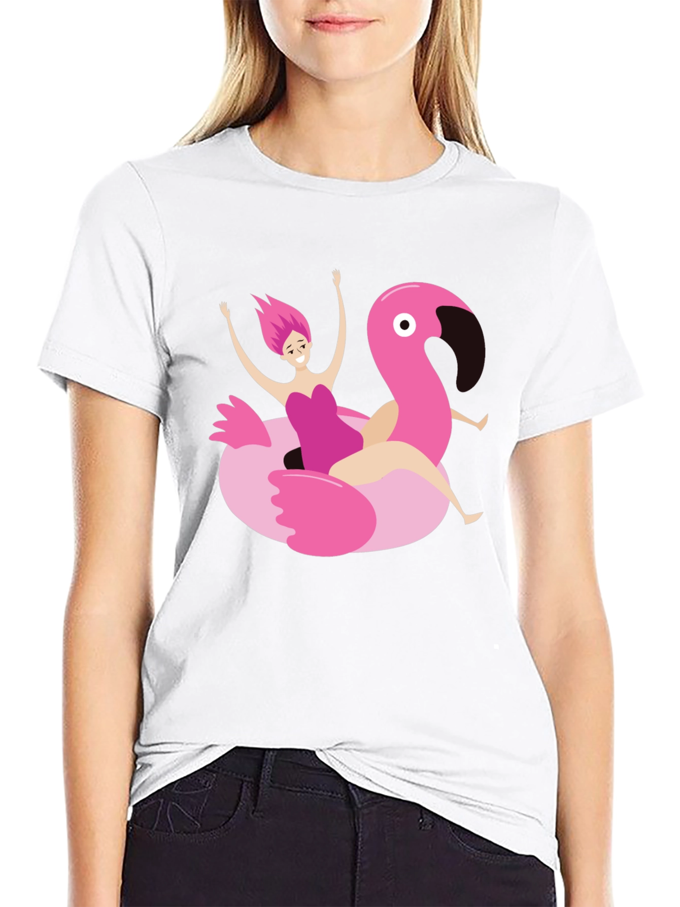 Black T-Shirt with Flamingo Float Graphic