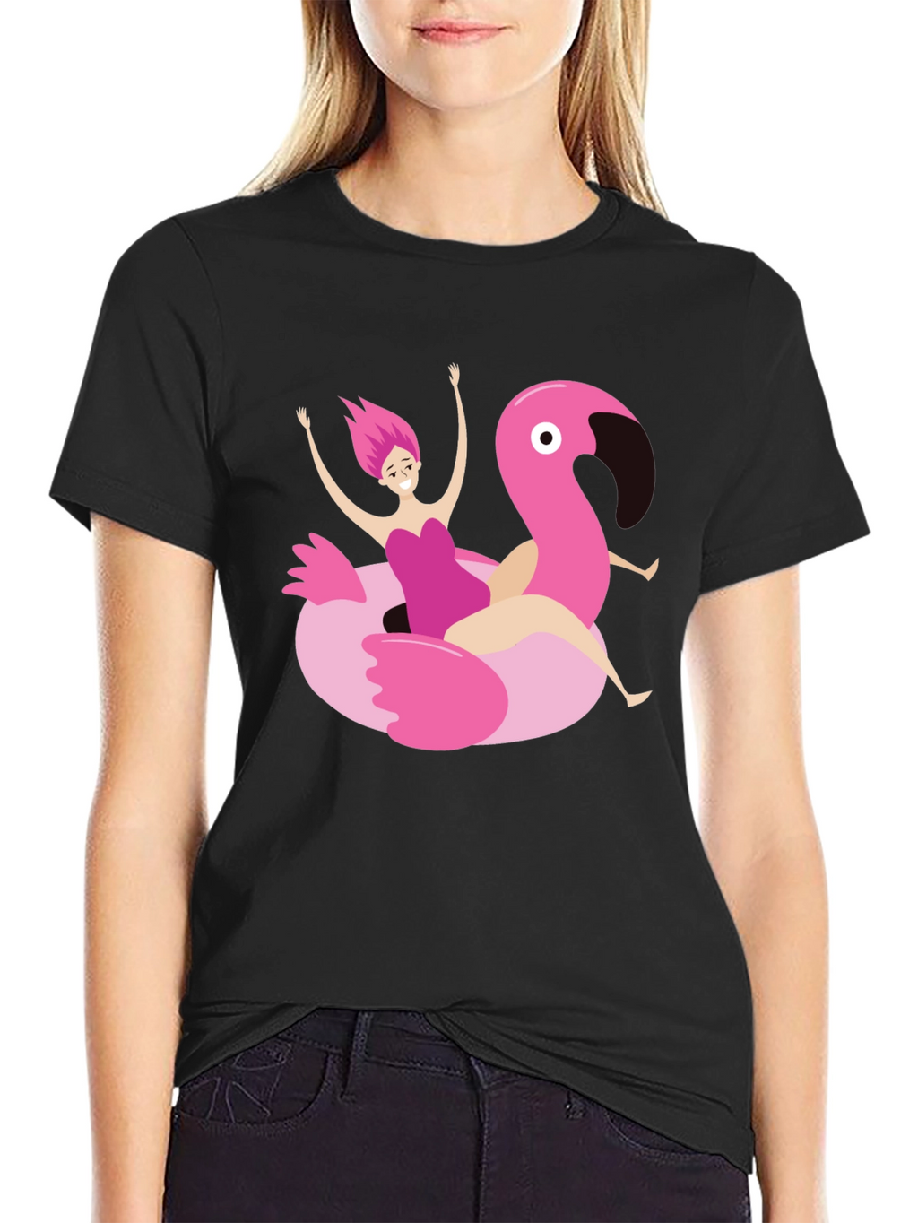 Black T-Shirt with Flamingo Float Graphic